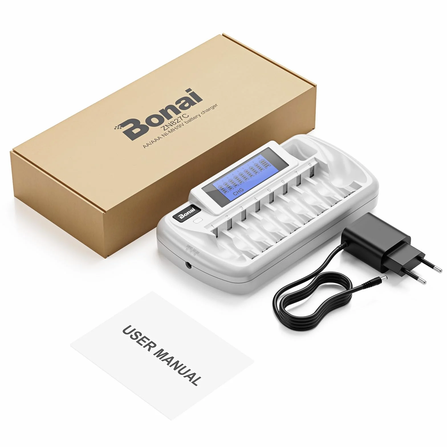 BONAI Caricabatterie Pile Ricaricabili AA AAA e 9V, Carica Batterie a 9 Slot Indipendenti per Ni-MH con Schermo LCD, Ingresso Professionale DC 12V/1A e Funzione di Scarica