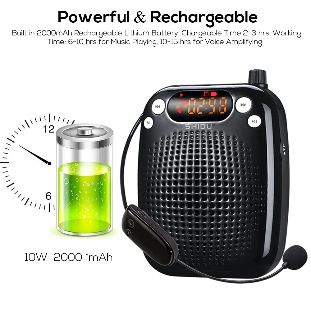 Amplificatore vocale portatile SHIDU amplificatore di voce senza fili con microfono UHF, mini altoparlante Pa sistema ricaricabile da 10W 2000 mAh per insegnanti, guida turistica, yoga, aula