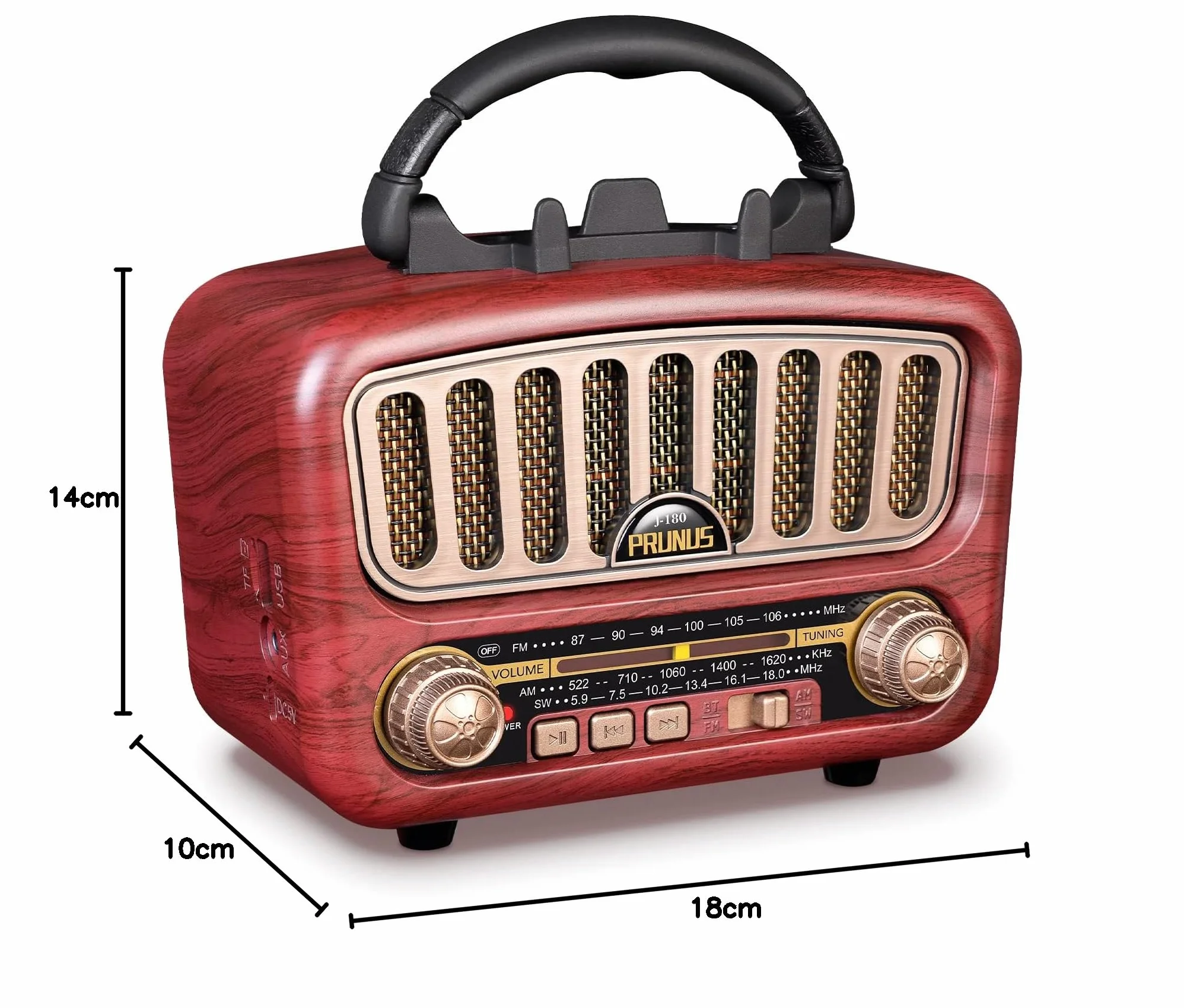 PRUNUS J-180 Radio Portatile FM AM MW SW Bluetooth con Batteria 1800mAh, Supporta TF Card AUX USB