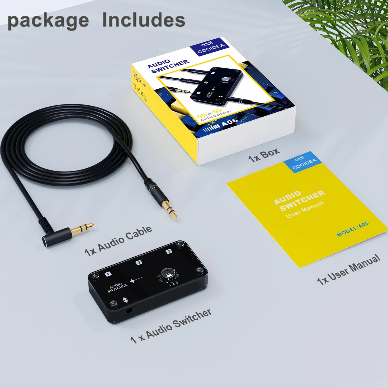 COOIDEA Commutatore audio stereo da 3,5 mm, supporta 1 ingresso 3 o 3 uscite in 1 con cavo audio, selettore di altoparlanti AUX a 3 porte per PC, telefono, laptop, cuffie