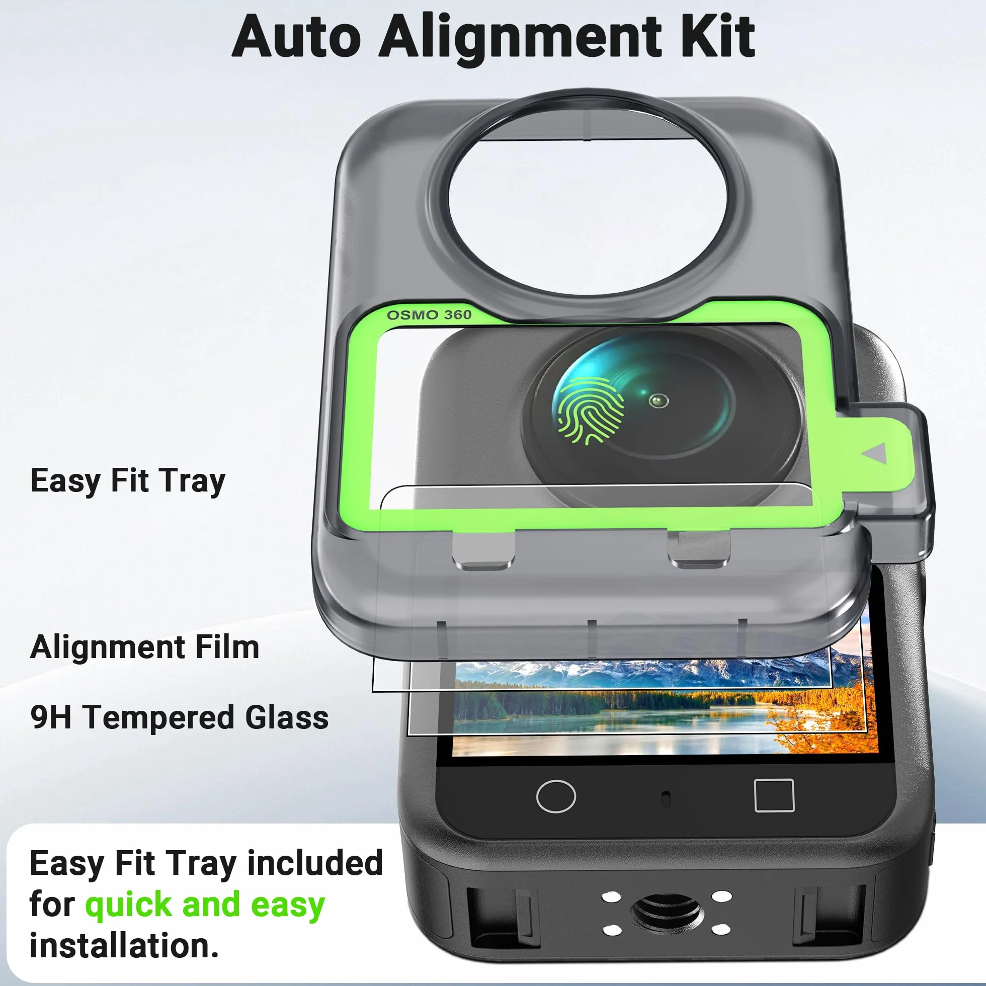 CYNOVA OSMO 360 - Pellicola protettiva per display per DJI OSMO 360, con kit di calibrazione per auto, in vetro temperato durezza 9H, per protezione DJI OSMO 360, OSMO 360, set di accessori (2 pezzi)