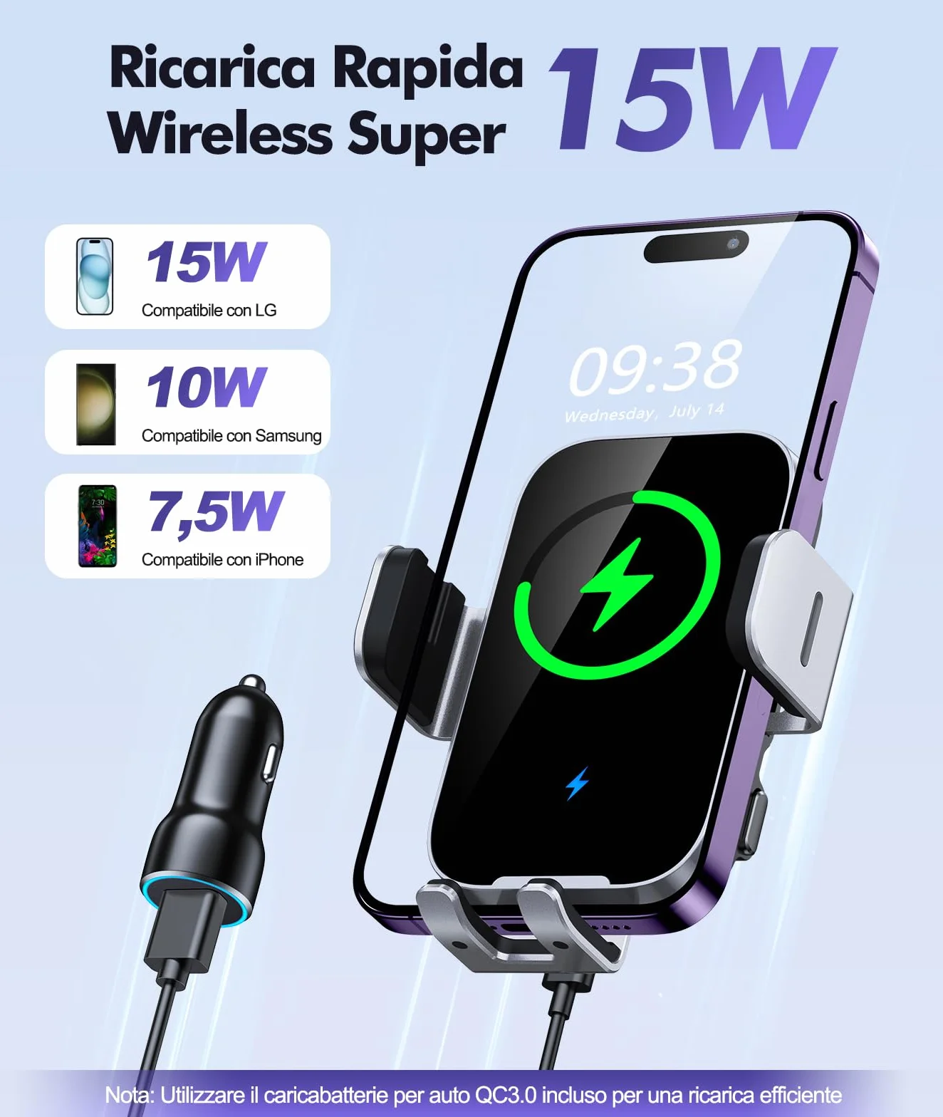 ISEYOU Caricatore Wireless Auto, 15W Supporto Telefono Auto Ricarica Wireless Rapida Bloccaggio Automatico, 360°Rotazione Caricabatterie Wireless Auto Compatibile con iPhone 17 16 15 14 Pro Max Galaxy