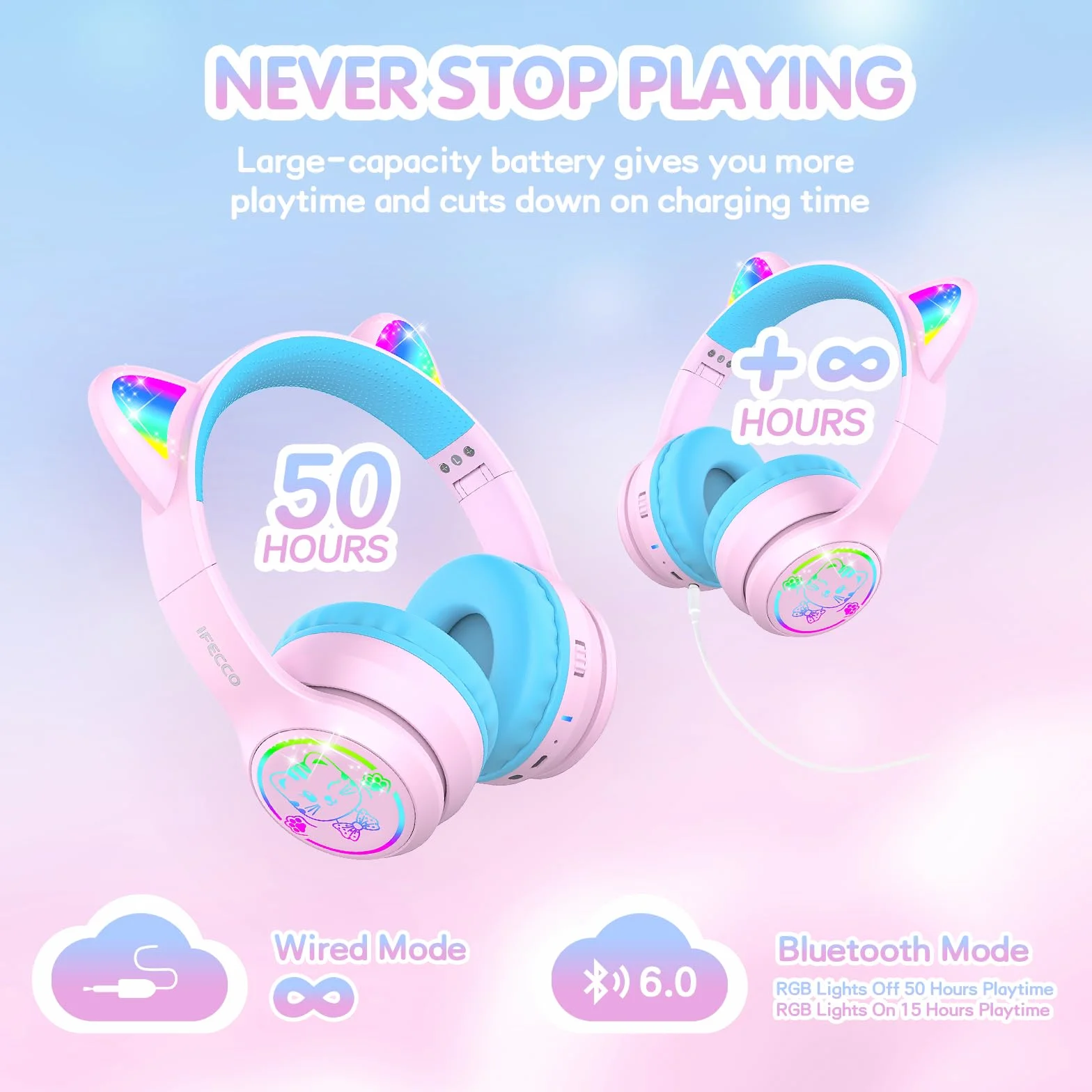 IFECCO Cuffie Bluetooth per bambini senza fili con custodia – Cuffie over-ear con luci LED, orecchie da gatto, limitazione del volume a 85 dBA, microfono integrato, compatibili con iPad/tablet/scuola