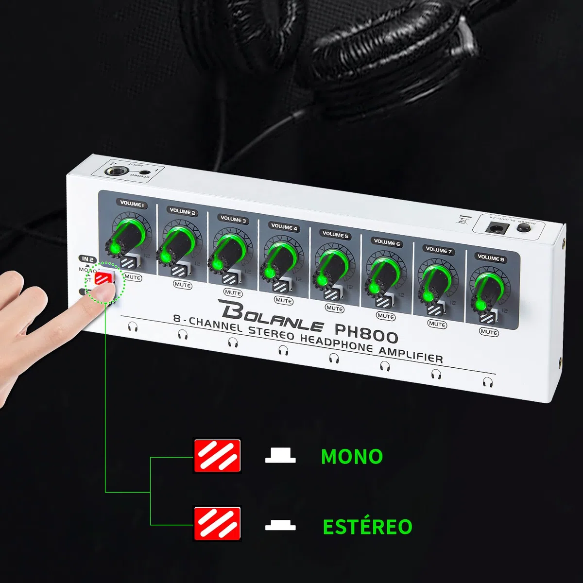 Bolanle PH800 Amplificatore per cuffie a 8 canali con potenza ad alta uscita, splitter per cuffie a 16 uscite (8 x 3,5 mm e 8 x 6,35 mm), interruttore mono/stereo, LED, guida fino a 250 Ω cuffie per