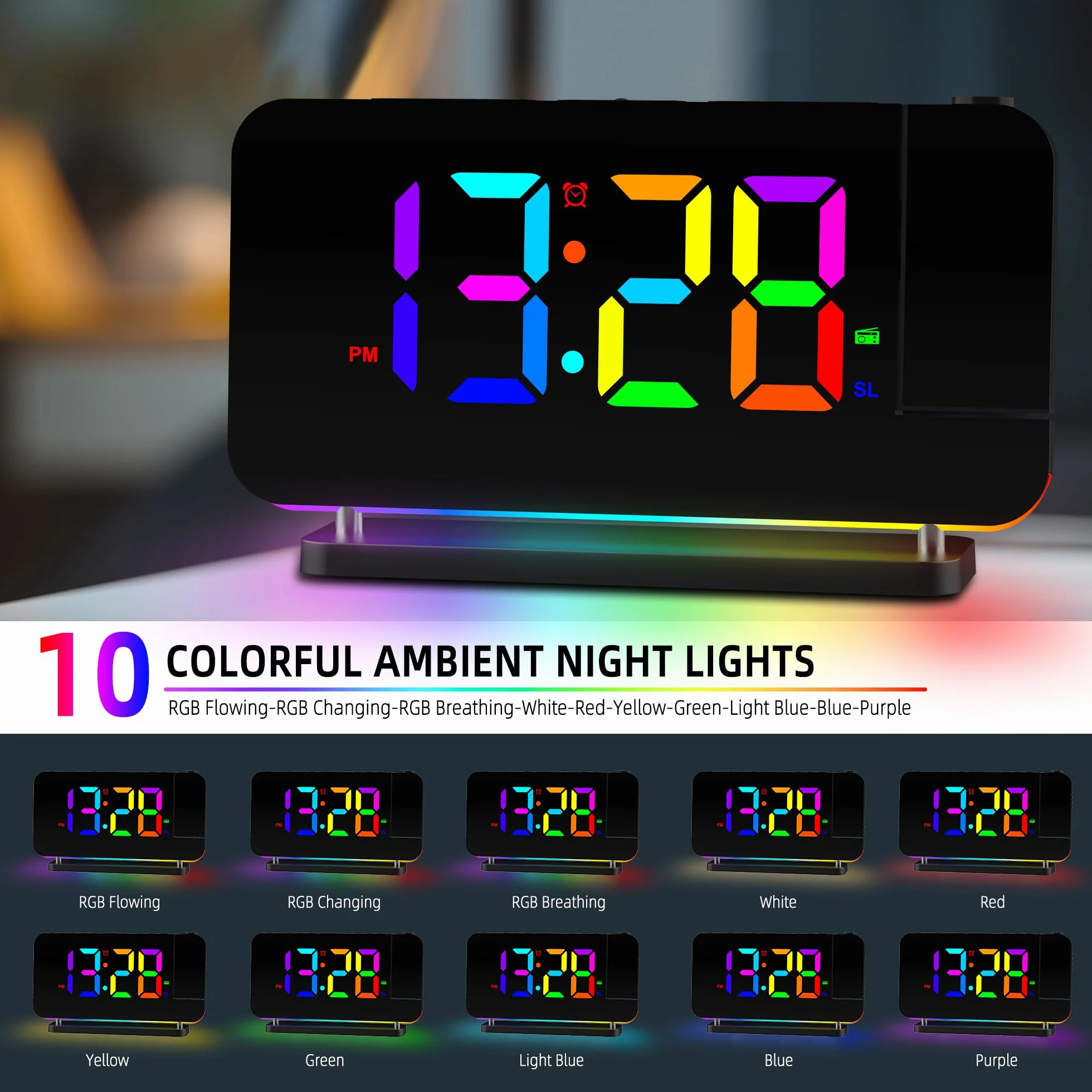 Sveglia Proiezione Specchio 11 RGB 10 Colori Luce Notturna LED Orologio da Scrivania