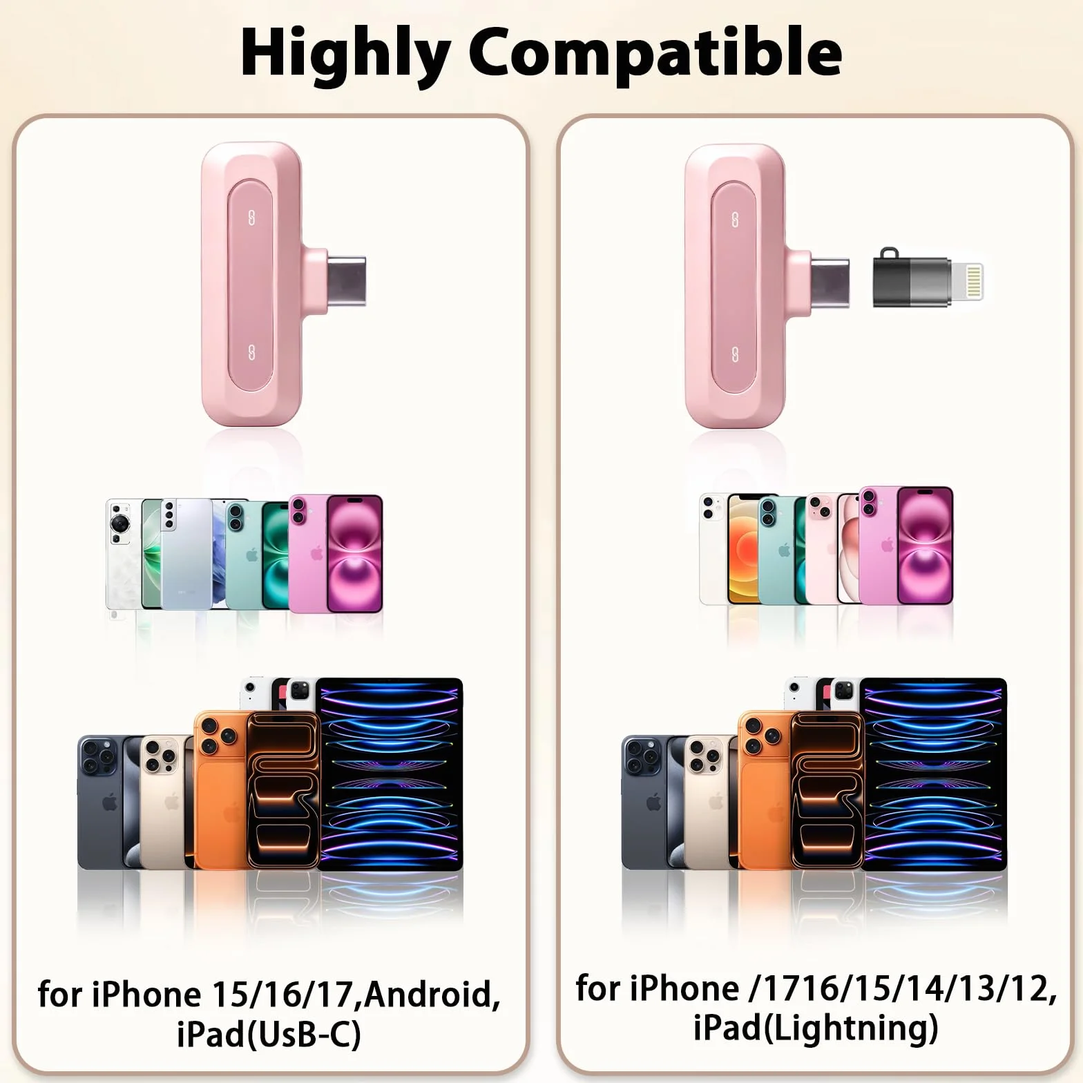 Microfono rosa per iPhone e connettore USB-C, microfono lavalier con cancellazione del rumore, display a LED e clip girevole, ideale per vlog, TikTok e creazione di contenuti