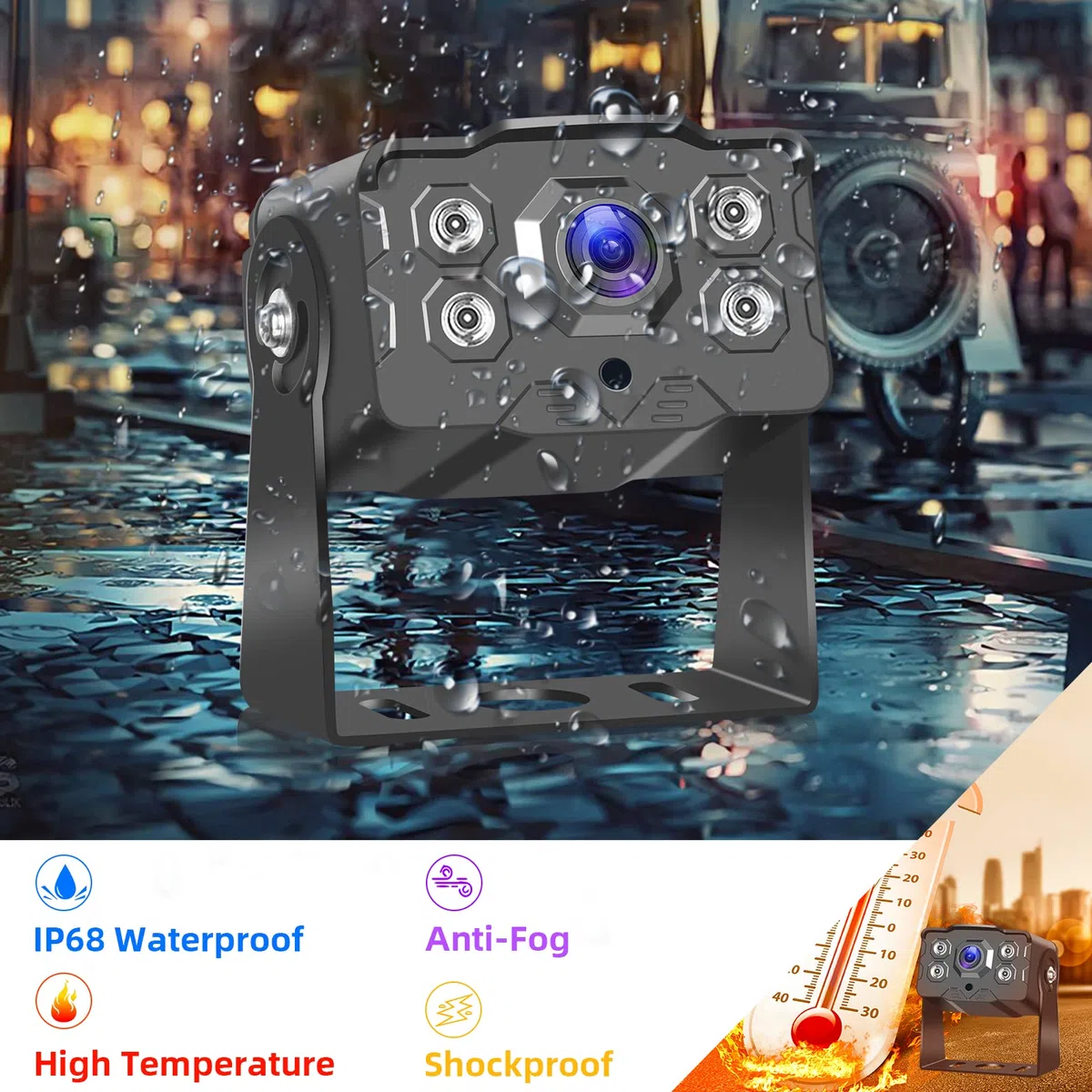 Hodozzy Telecamera Posteriore Auto con 7" Monitor IPS e Telecamera AHD, Visione Notturna IR Impermeabile IP68 Telecamera per Retromarcia Cavo 4 Pin 15 m per Camion/Rimorchio/Autobus/Furgone(9-36V)