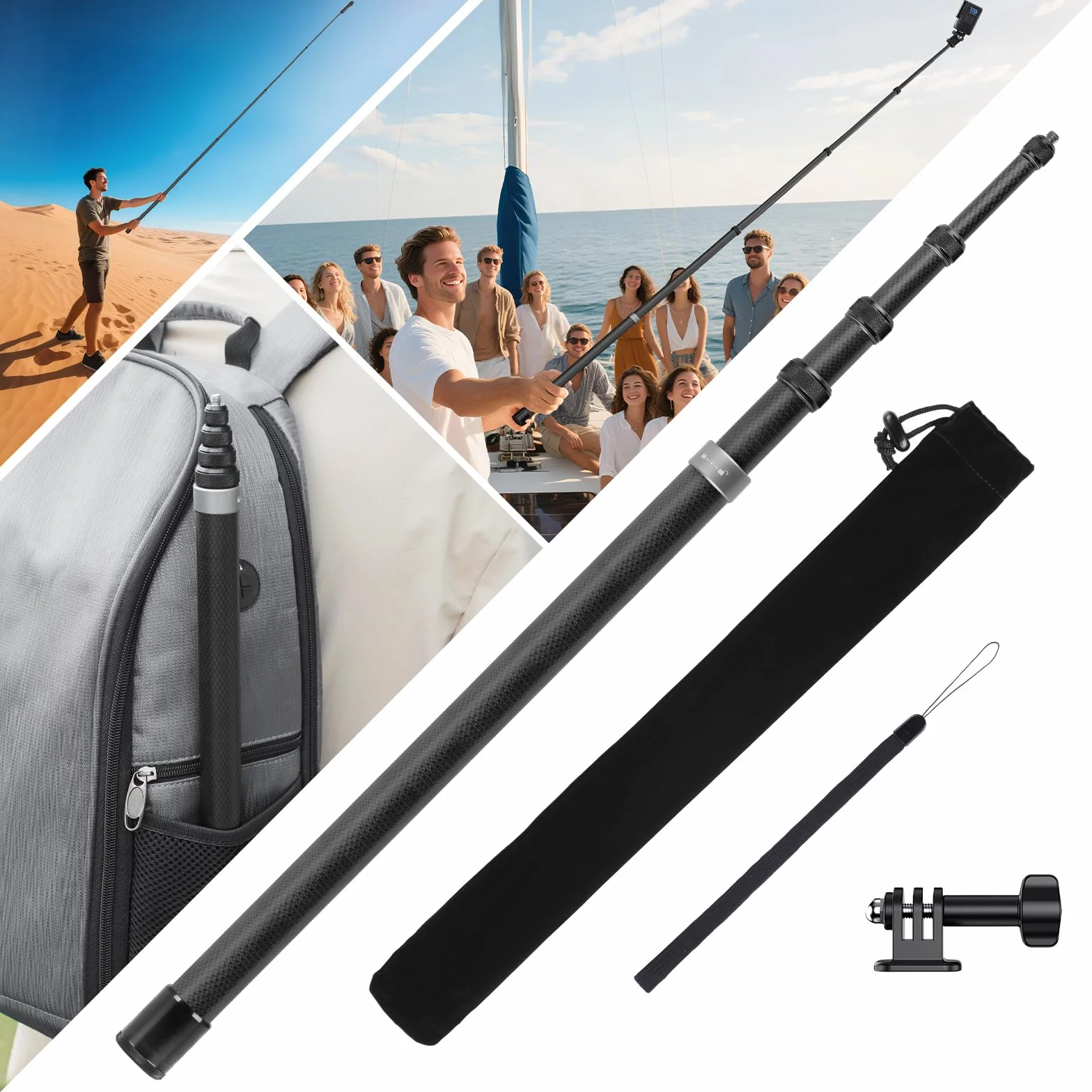 BRDRC Bastone selfie invisibile ultra lungo in fibra di carbonio per Insta 360 ONE X5 X4 X3 X2 RS Accessori (con adattatore Go Pro, cinturino, sacchetto di stoccaggio) 3 m
