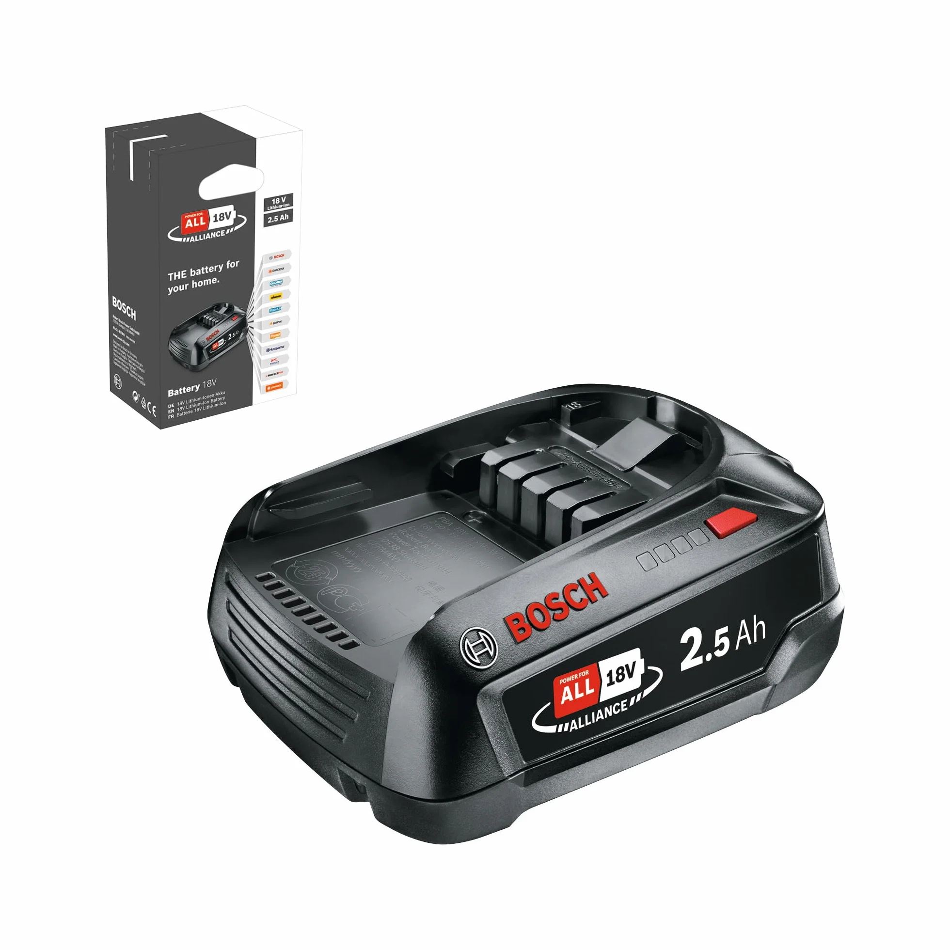 Bosch Batteria sostitutiva PBA 18V 2,5Ah W-C (sistema 18V; elevata capacità per una maggiore autonomia; compatibile con tutti i dispositivi 18V POWER FOR ALL)