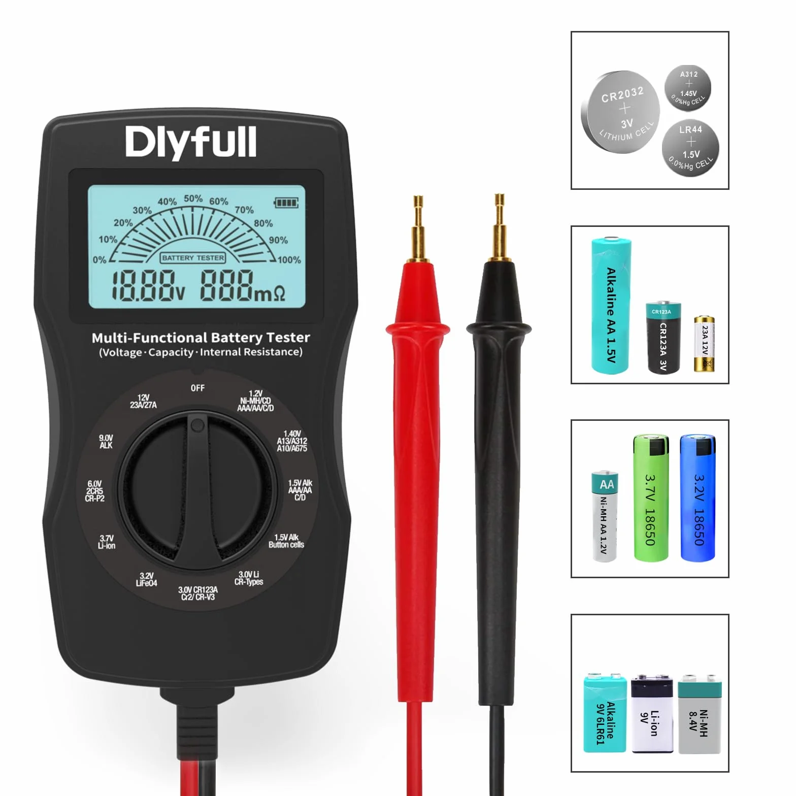 Dlyfull Tester Batterie Stilo Universale per AA AAA C D 9V Ricaricabili e Non Ricaricabili Volt Resistenza Interna Checker
