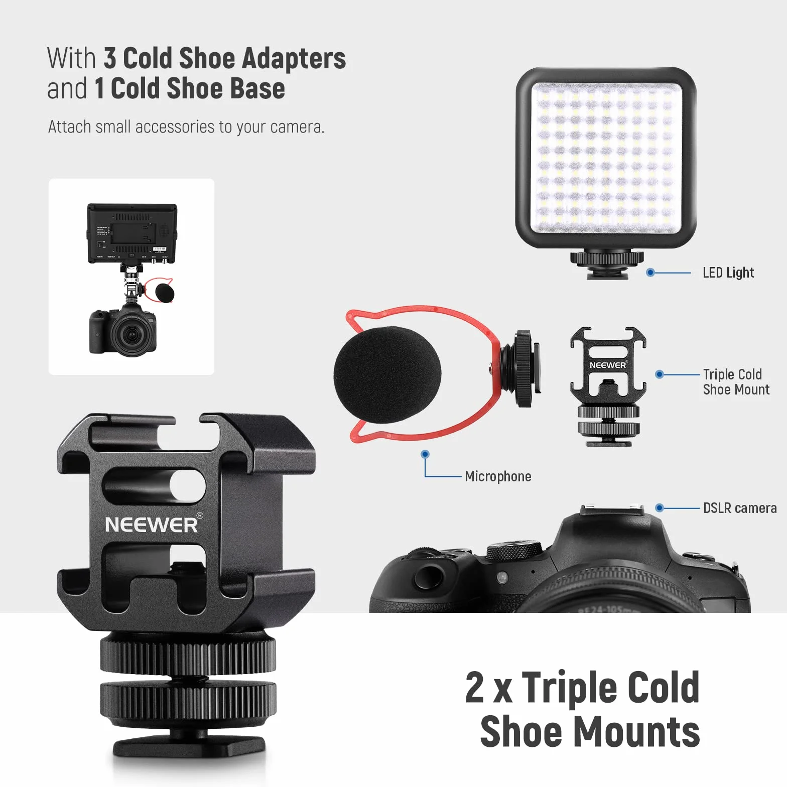 NEEWER 8Pz Kit Adattatori Per Attacco A Hotshoe, Supporti Tripli A Coldshoe, 1/4" Vite, Staffa Per Supporto Flash e Copertura Per Coldshoe Per Fotocamere DSLR,Luce LED,Microfono,Cavalletti, Monitor