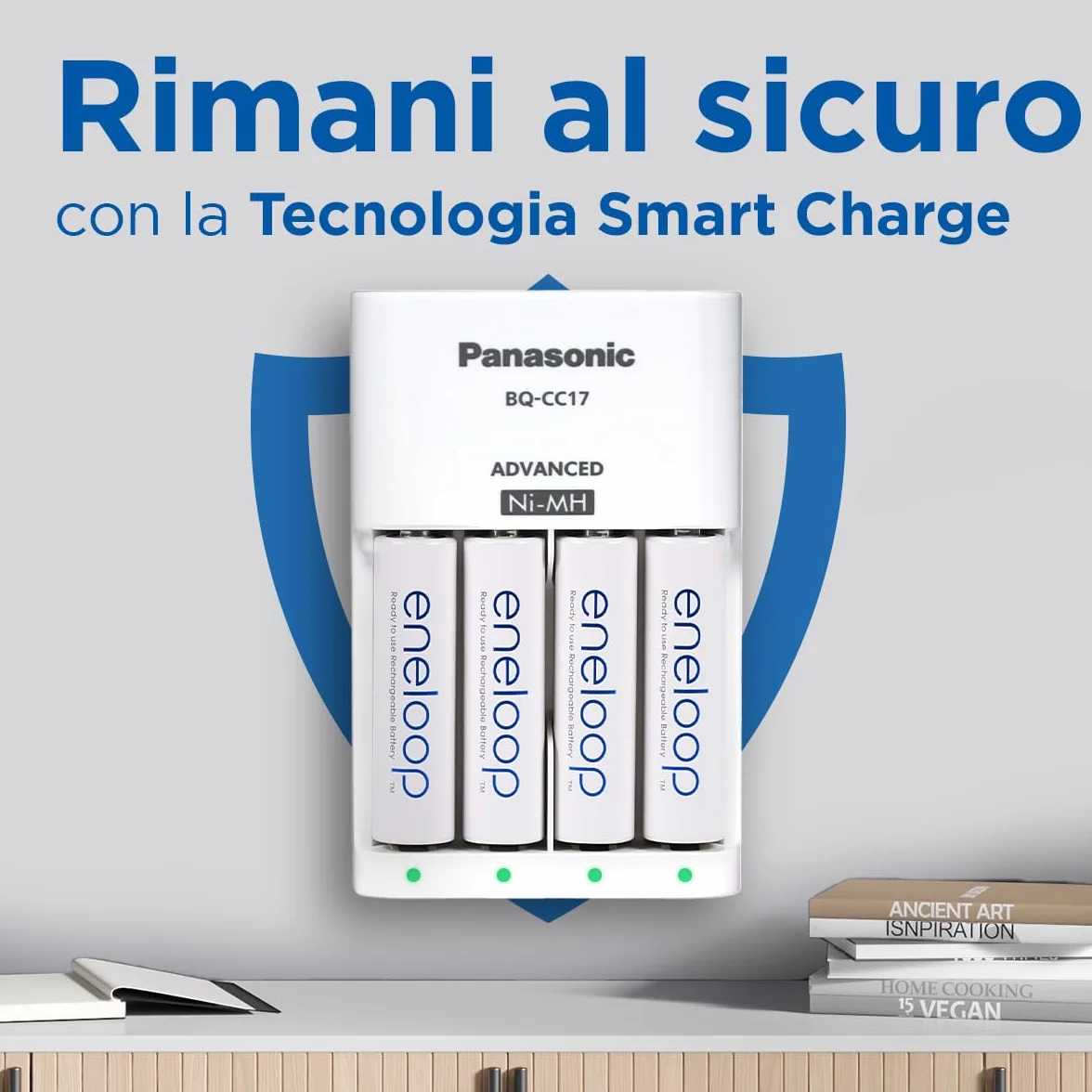 eneloop Caricabatterie Smart per Batterie AA/AAA Ni-MH, Include 4 Batterie AA 2000 mAh, 100-240V, Ricarica in 7 Ore
