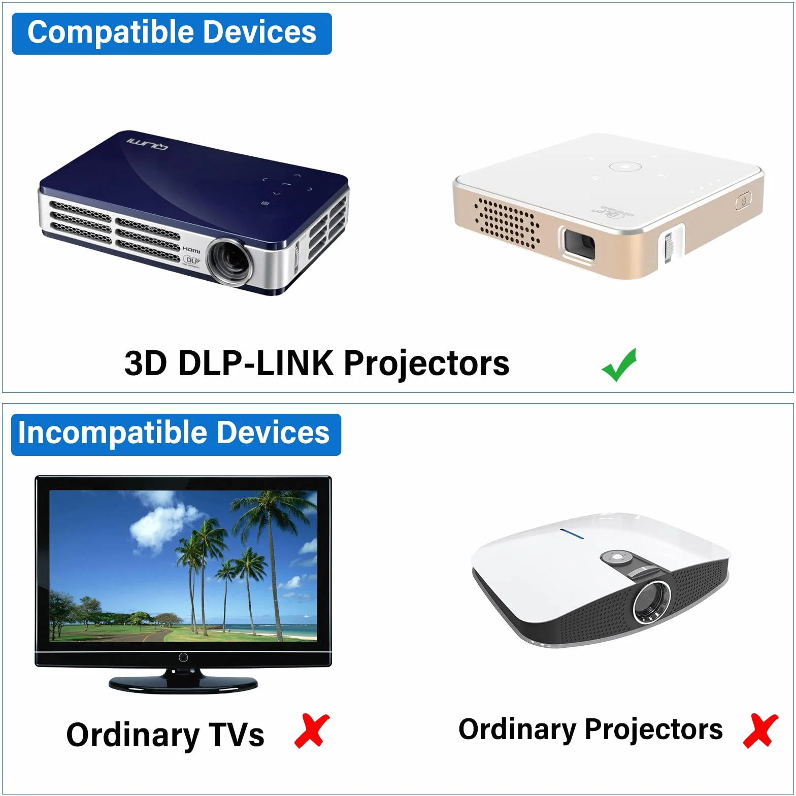 3D Occhiali, Otturatore Attivi 3D Ricaricabile Occhiali per 3D DLP-Link Proiettori Acer BenQ Jmgo Optoma Philips LG Infocus NEC Viewsonic Cocar Toumei Vivitek Videoproiettore - Blu 2 Pezzi