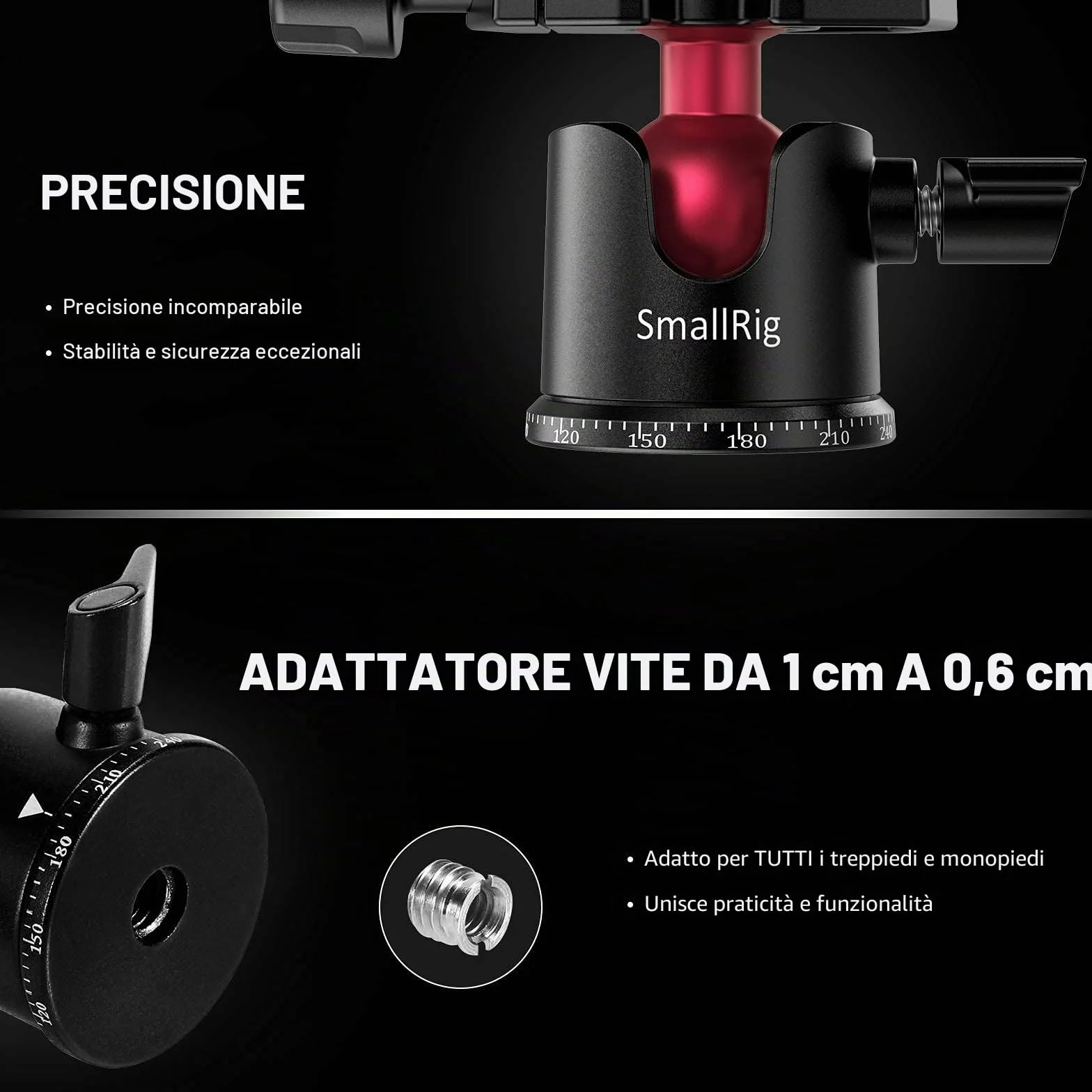 SMALLRIG Testa per Treppiede con Testa a Sfera Panoramica Ruotabile di 360°, Testa per Treppiede con Piastra a Sgancio Rapido Vite da 1/4'' per Treppiede, Monopiede, Fotocamere, DSLR 2665