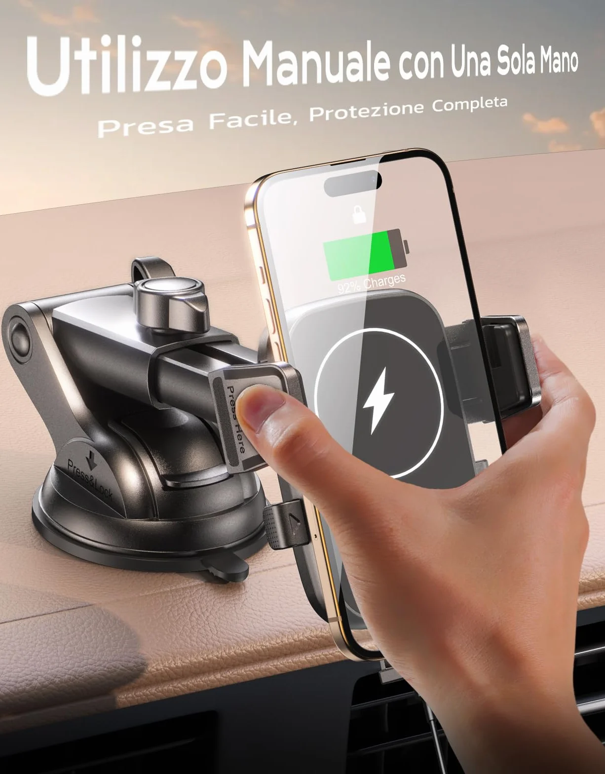 Mohard Porta Cellulare Caricatore Wireless Auto, 15W Ricarica Wireless Automobile Rapida con Adattatore QC3.0, Caricabatterie Supporto Telefono Rotazione 360° Cruscotto/Parabrezza, per 4.7-6.9" Phone