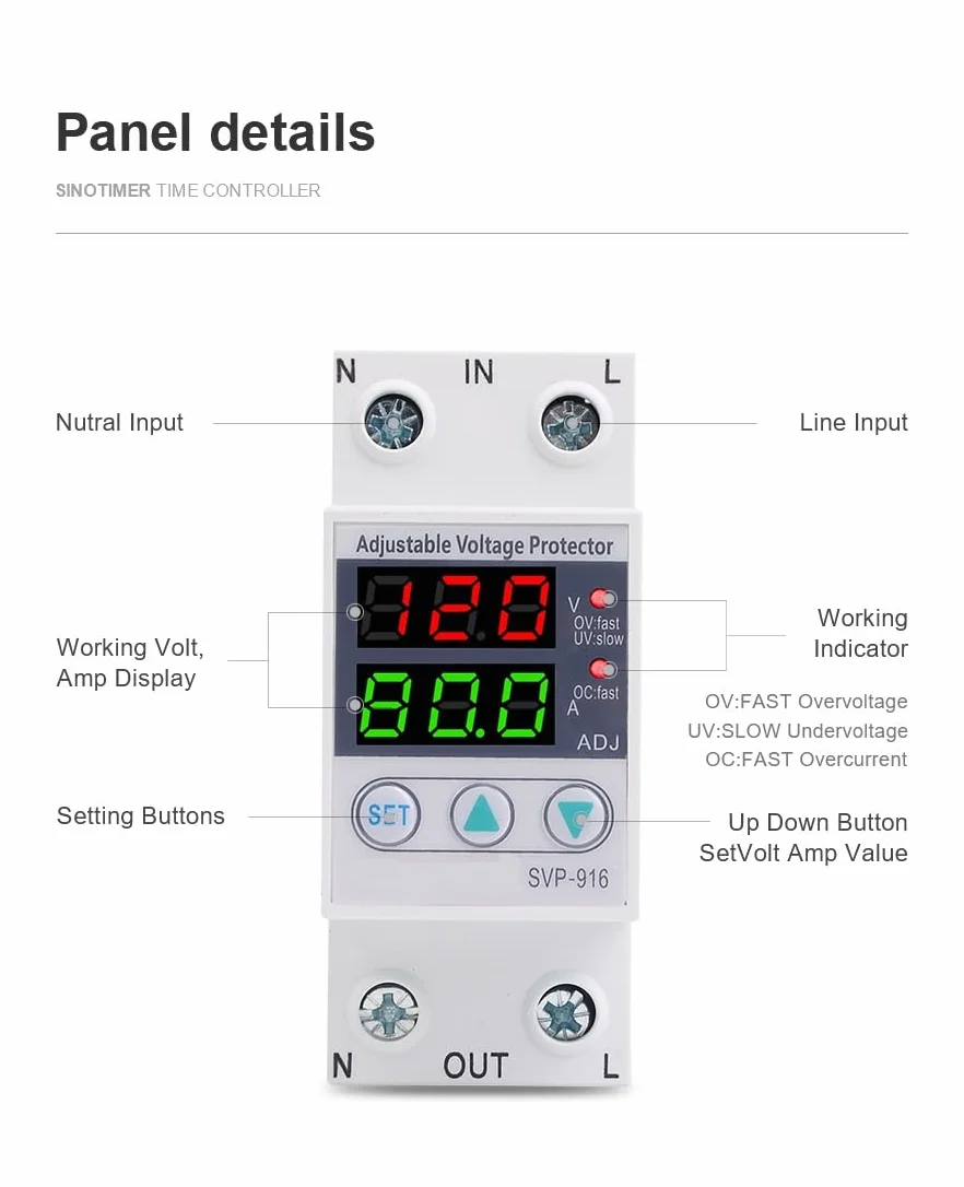 Protettore di Sovratensione Monofase 230VAC con Display LCD, Guida DIN 63A