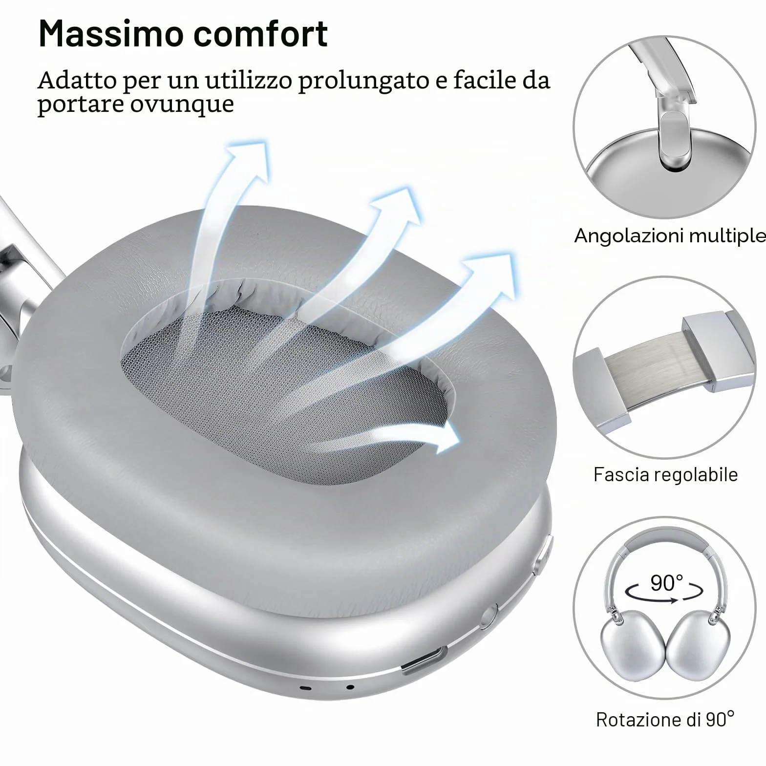 Cuffie Wireless Bluetooth con Cancellazione Attiva del Rumore, Over Ear Piegevoli, Bassi Comfort, Microfono Argento C6