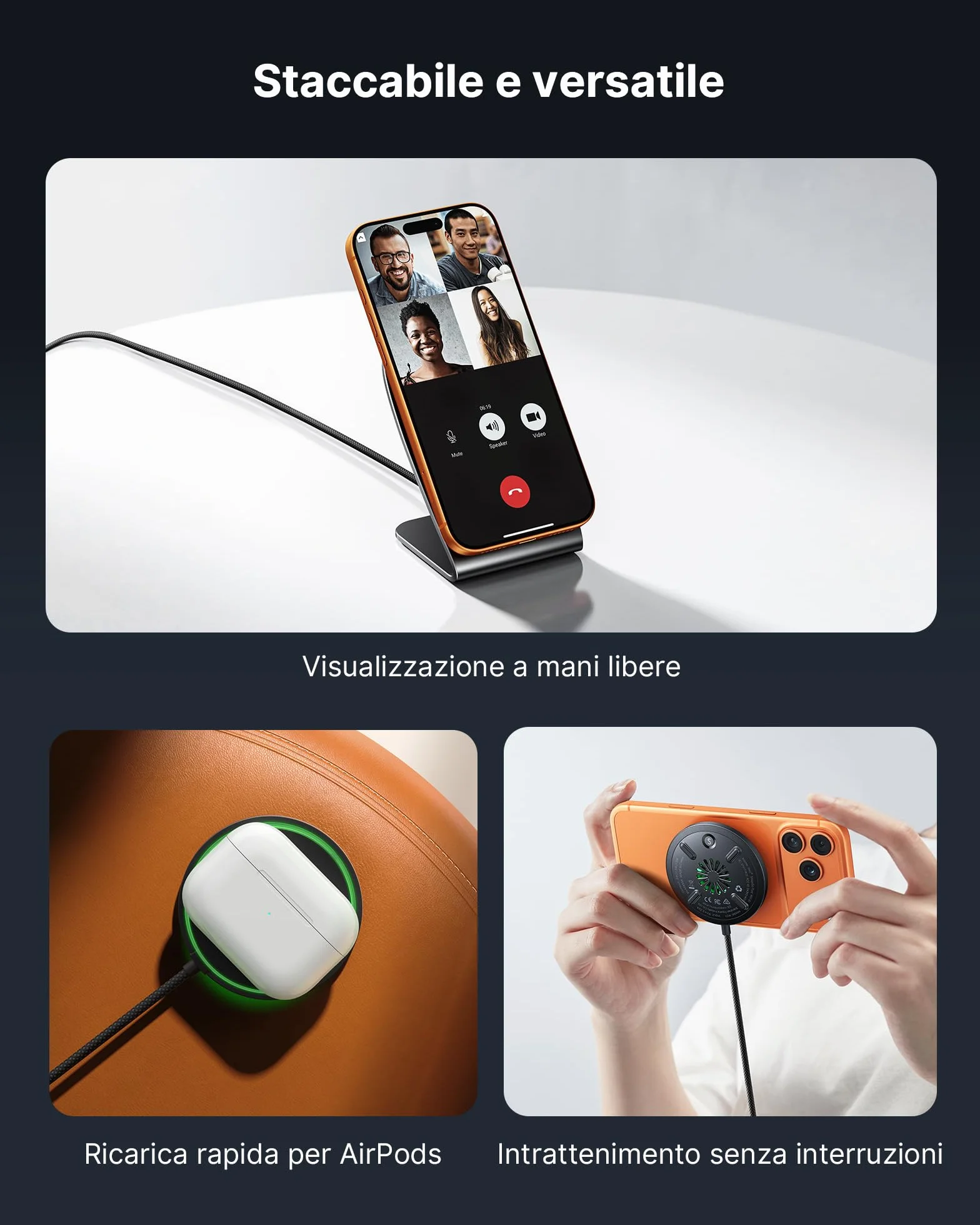 INIU Caricatore Wireless 2 in 1, 15W Certificato Qi2 Caricabatterie Magnetico, Stazione Ricarica Wireless Mag-Safe per iPhone 17 16 15 14 13 Pro Max Mini AirPods 4 3 2(con Adattatore USB C 20W)