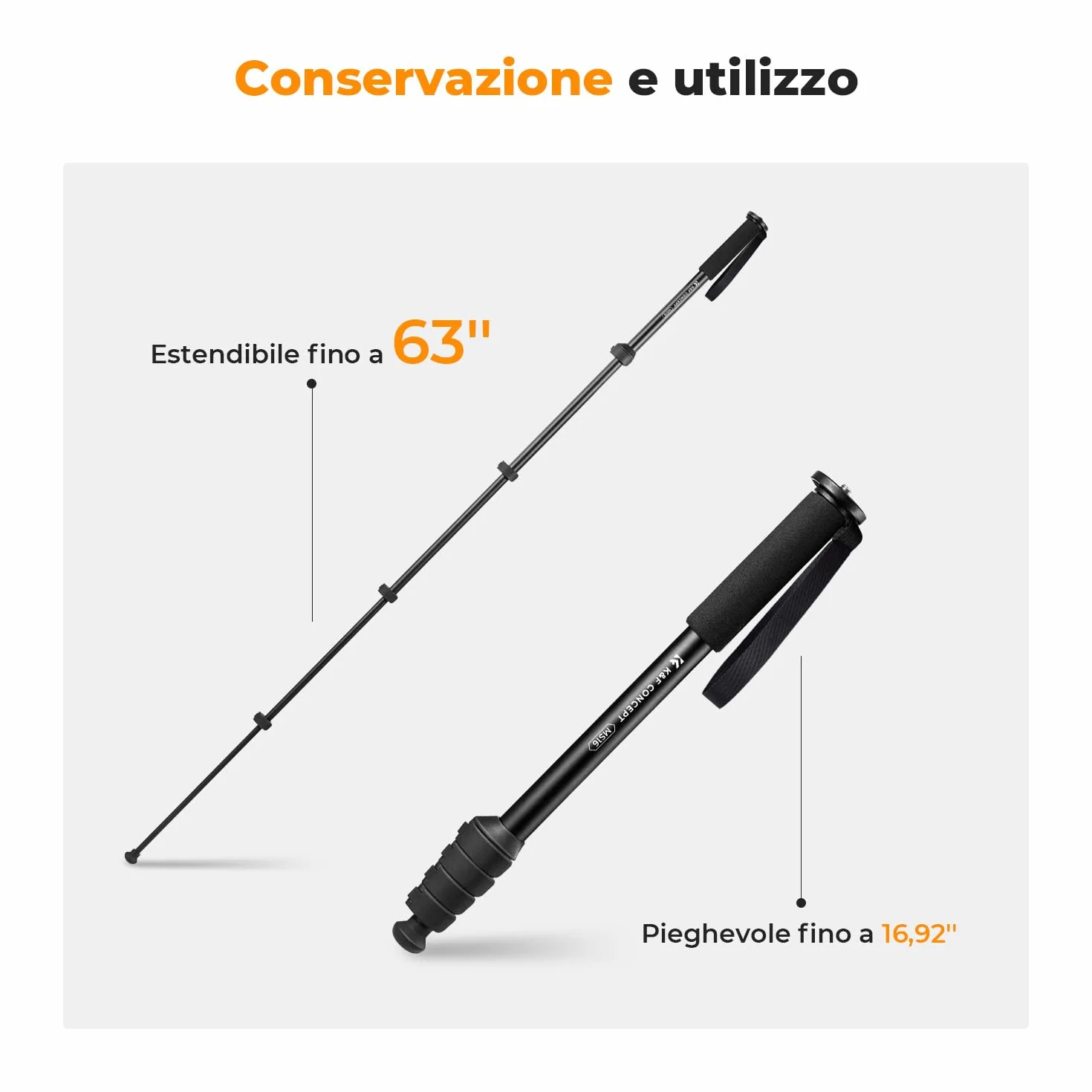 K&F Concept Monopiede Fotocamera 160cm, Bastone Selfie Multifunzionale per Gopro DSLR con Cavo anti-Perdita, Bastone da Passeggio estensibile con bussola, Carico Max 10kg, Peso 0,33kg - MS16
