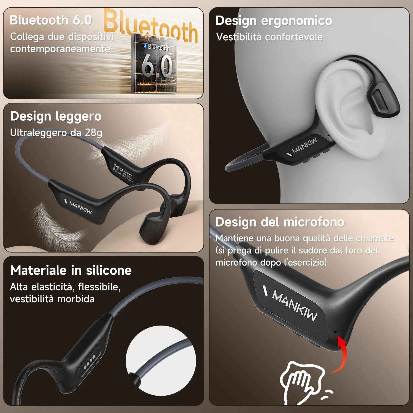MANKIW Cuffie Conduzione Ossea, IP68 Cuffie Open Ear Bluetooth 6.0, Auricolari Conduzione Ossea per Fitness, Corsa, Auto, Escursionismo