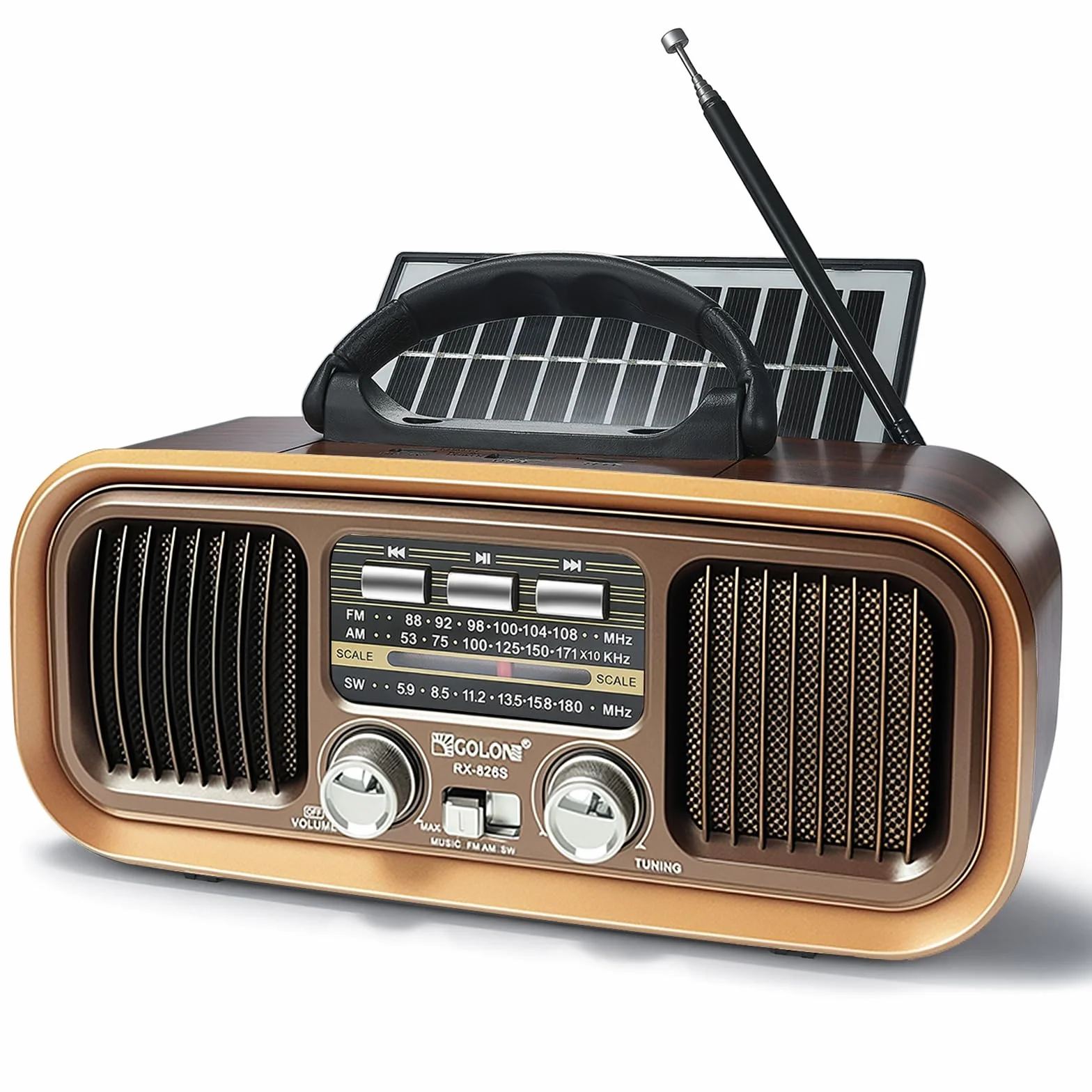 Radio Portatile Vintage FM/AM/SW Bluetooth, Ricaricabile 1200 mAh Pannello Solare, TF Card USB MP3