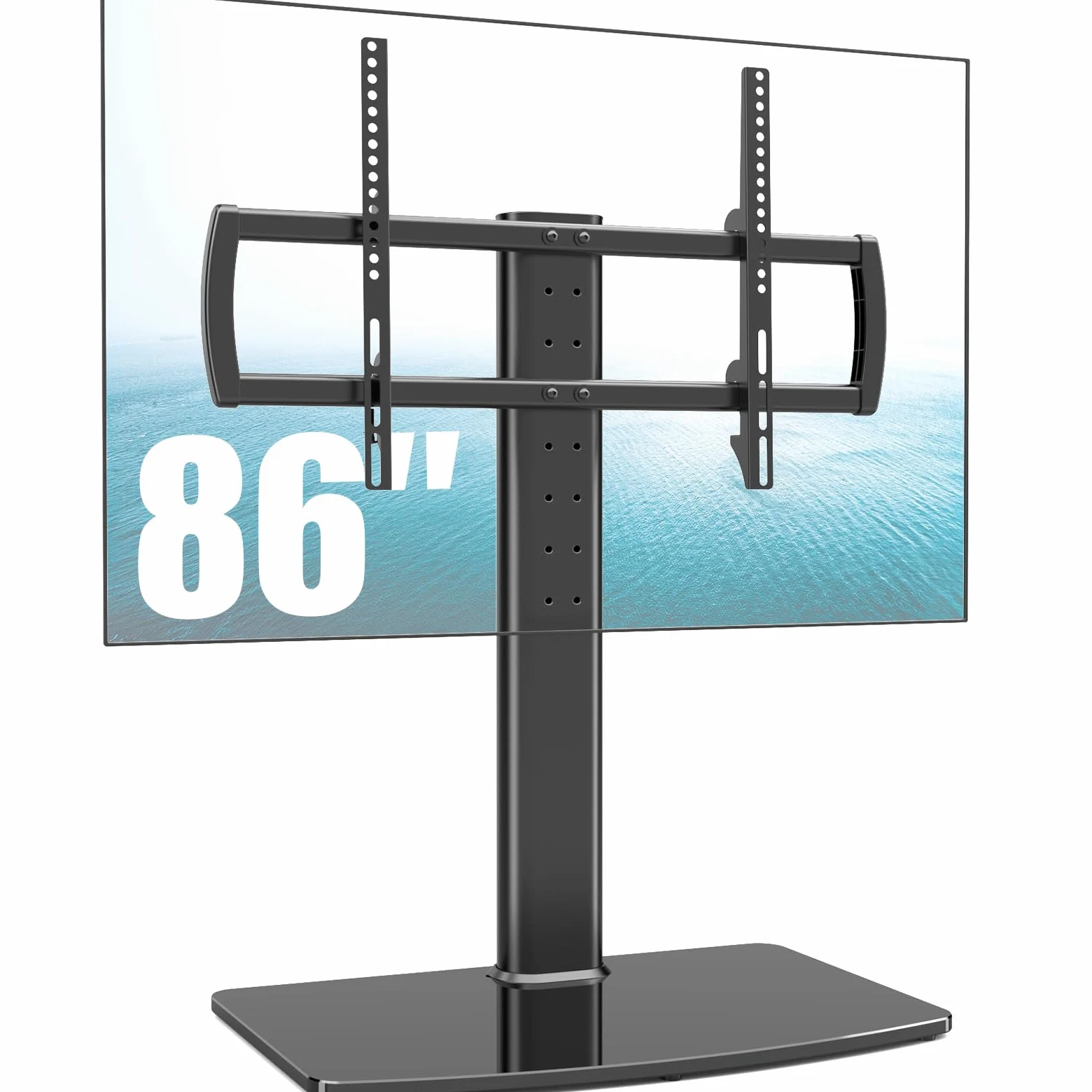 Hemudu Supporto TV da Tavolo, Piedistallo TV Universale per 40 a 86 pollici, Staffa TV Regolabile in Altezza a 5 livelli, Base in Vetro Temperato ad Alta Resistenza, MAX 60 kg, VESA Massimo 600x400 mm