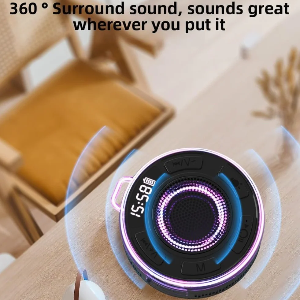 Altoparlante impermeabile IPX7 per doccia suono surround 360° luci RGB radio FM ventosa rimovibile nero