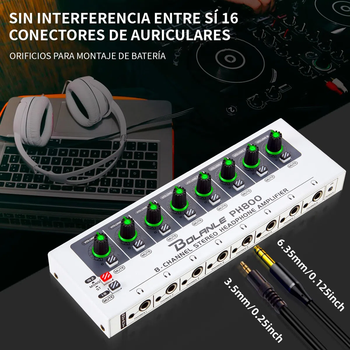 Bolanle PH800 Amplificatore per cuffie a 8 canali con potenza ad alta uscita, splitter per cuffie a 16 uscite (8 x 3,5 mm e 8 x 6,35 mm), interruttore mono/stereo, LED, guida fino a 250 Ω cuffie per
