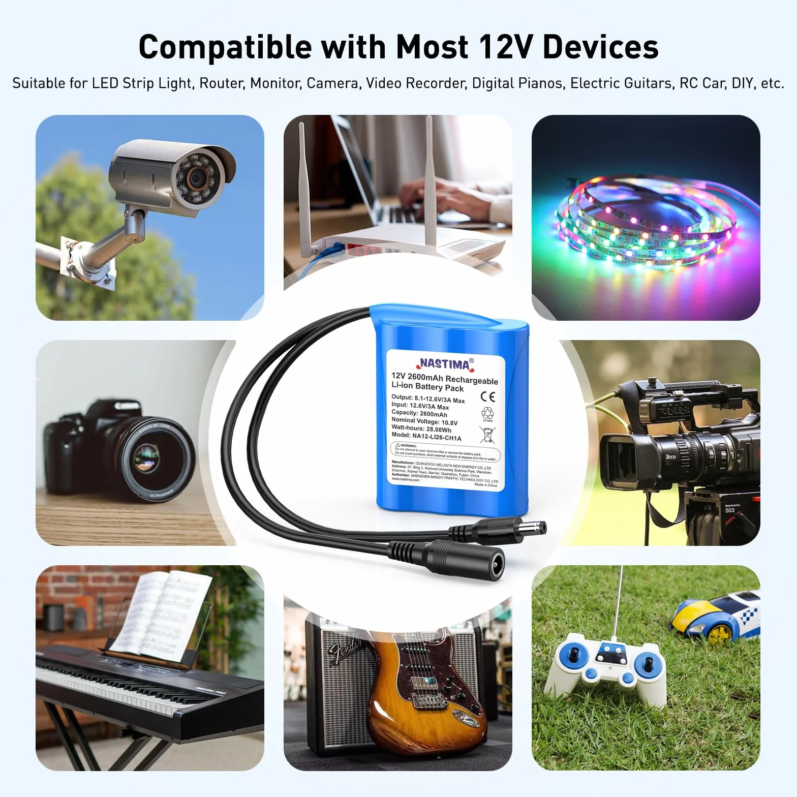 NASTIMA 2600mAh 28,08Wh 12V Batterie Lithium-Ion Rechargeable Adaptée aux Appareils Photo, Caméscopes, Lecteurs MP3, Claviers Électroniques, Routeur, Radio, etc. Chargeur et Connecteur Inclus