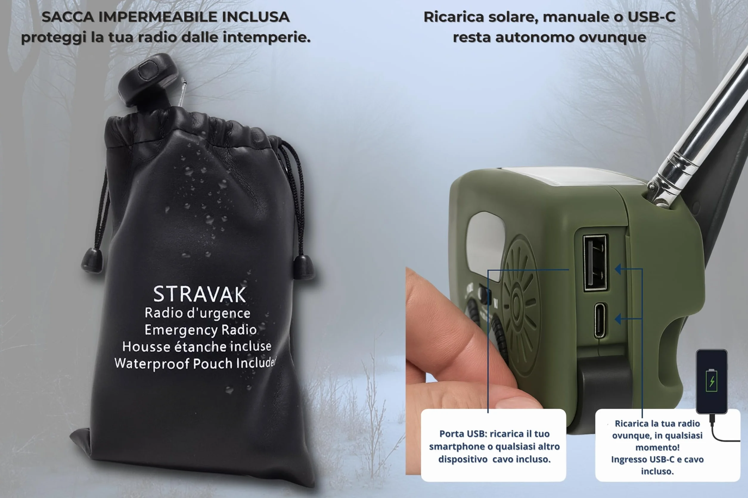 Radio di emergenza solare a manovella con torcia LED, power bank USB-C 2000 mAh e sirena SOS