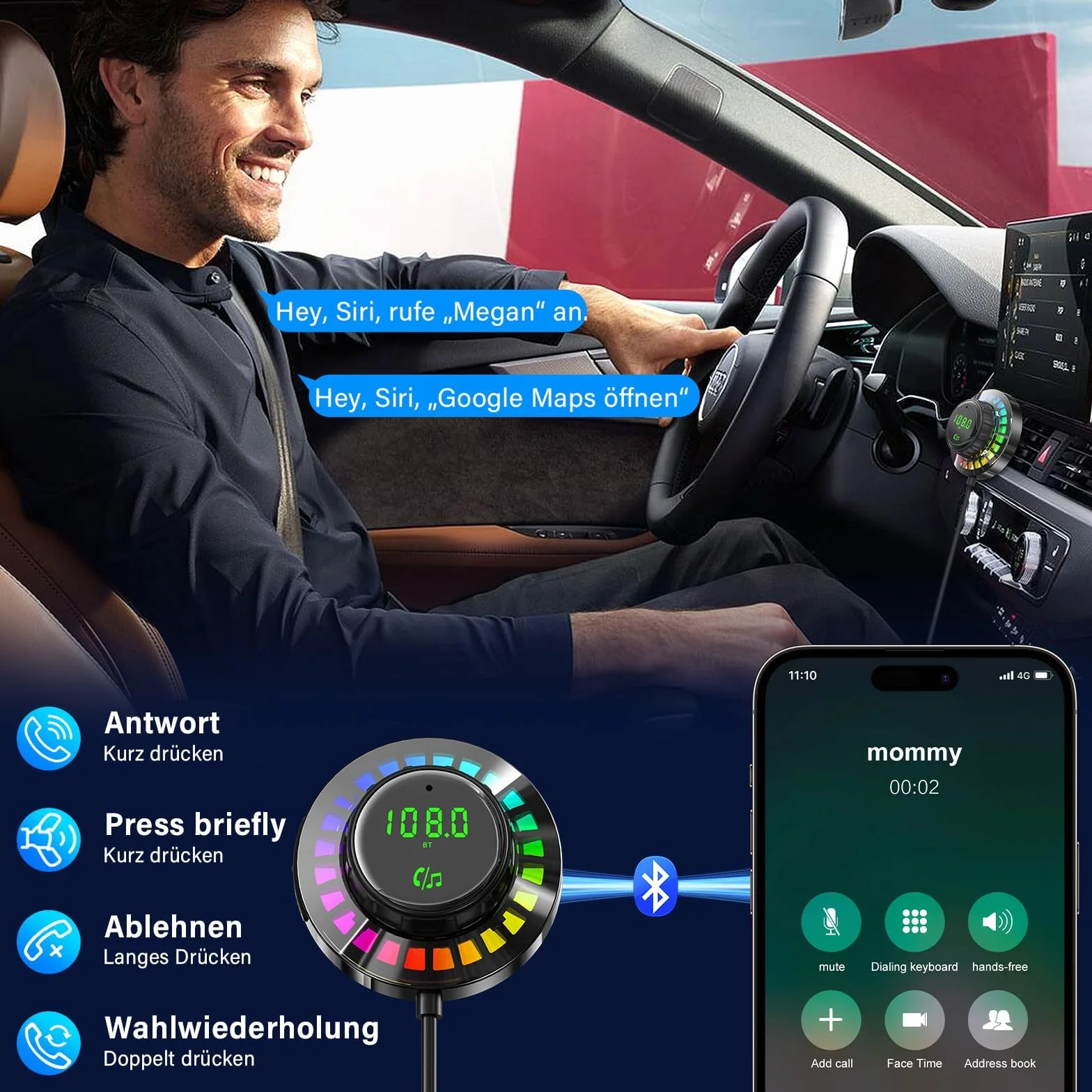 Adattatore Bluetooth Auto FM Transmitter con Luce RGB - Vivavoce Bluetooth 5.3, Caricabatterie PD30W USB-C & QC3.0, Adattatore Bluetooth per Auto per iPhone Android Autoradio OHFAMO