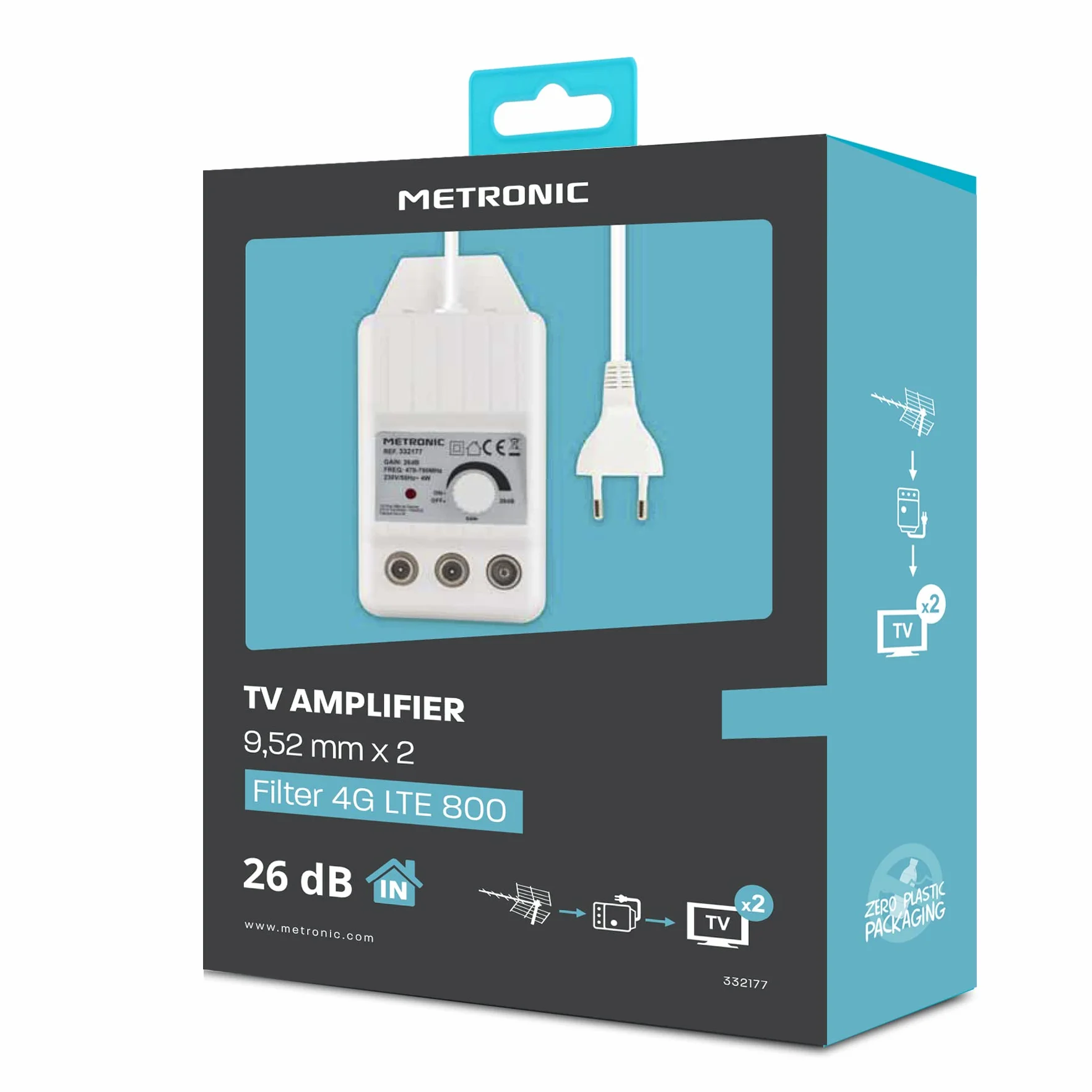 Metronic - 332177, Amplificatore antenna TV da interno per canali TDT, compatibile 4G/5G, 26 dB, 2 uscite con presa TV 9,52 mm, bianco
