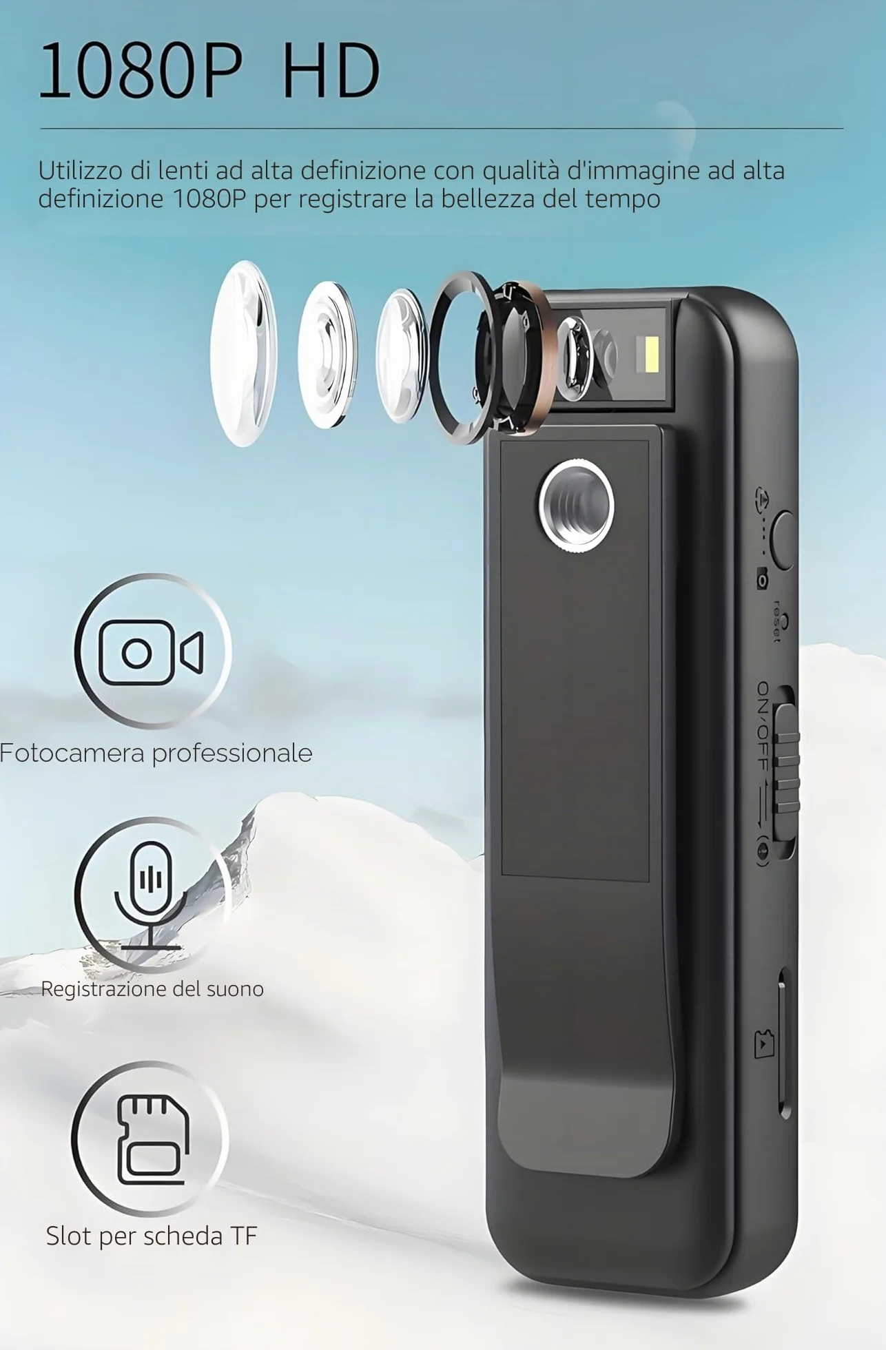 Mini fotocamera portatile da 1080P, con clip magnetica, obiettivo girevole a 180°, 128 GB fino a 7 ore, registrazione e luce LED per riunioni e bici all'aperto