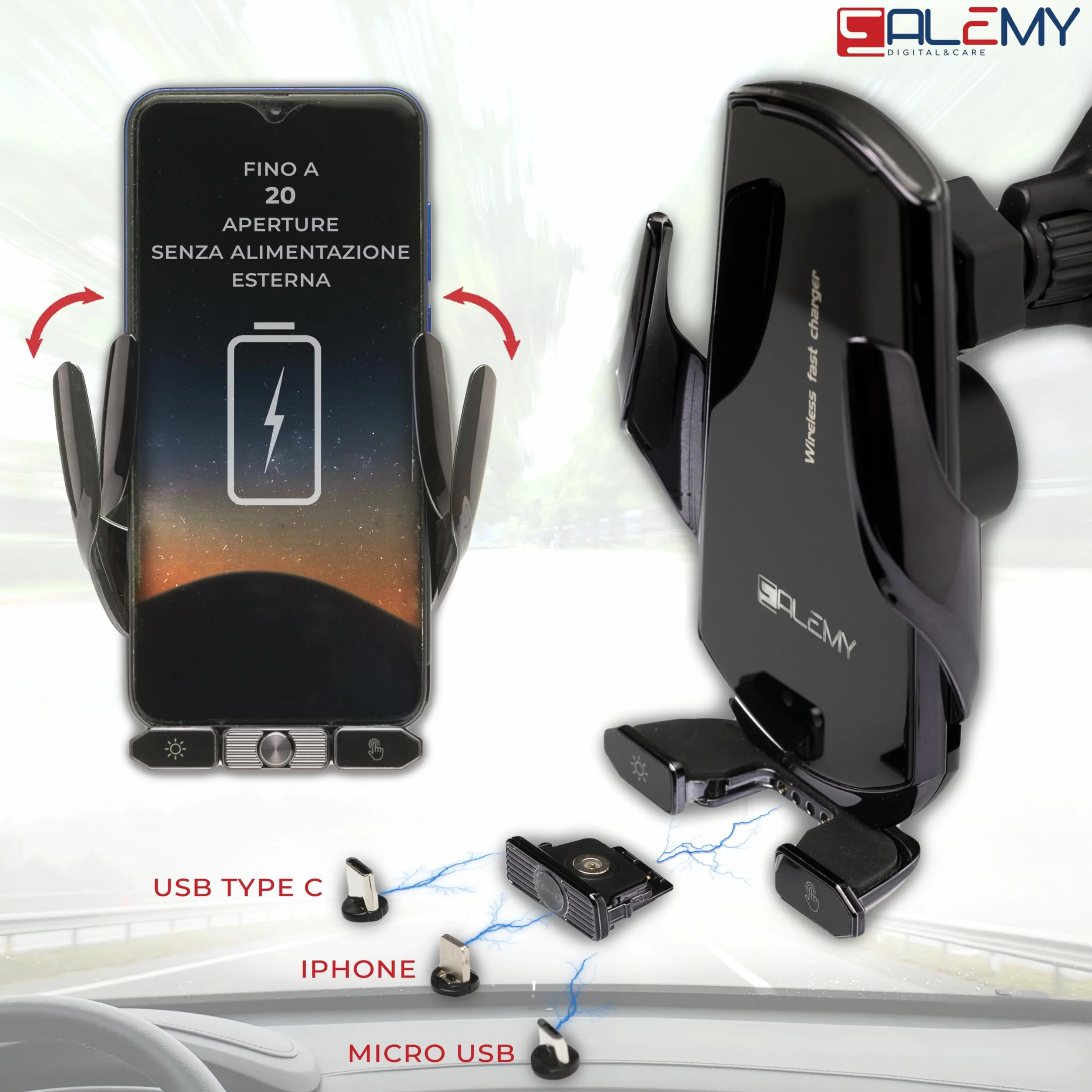 ALEMY DIGITAL Caricatore Wireless Auto, Porta Cellulare Auto, Supporto Telefono Per Auto Universale Con Ricarica e Auto Bloccaggio Con Rotazione Di 360°