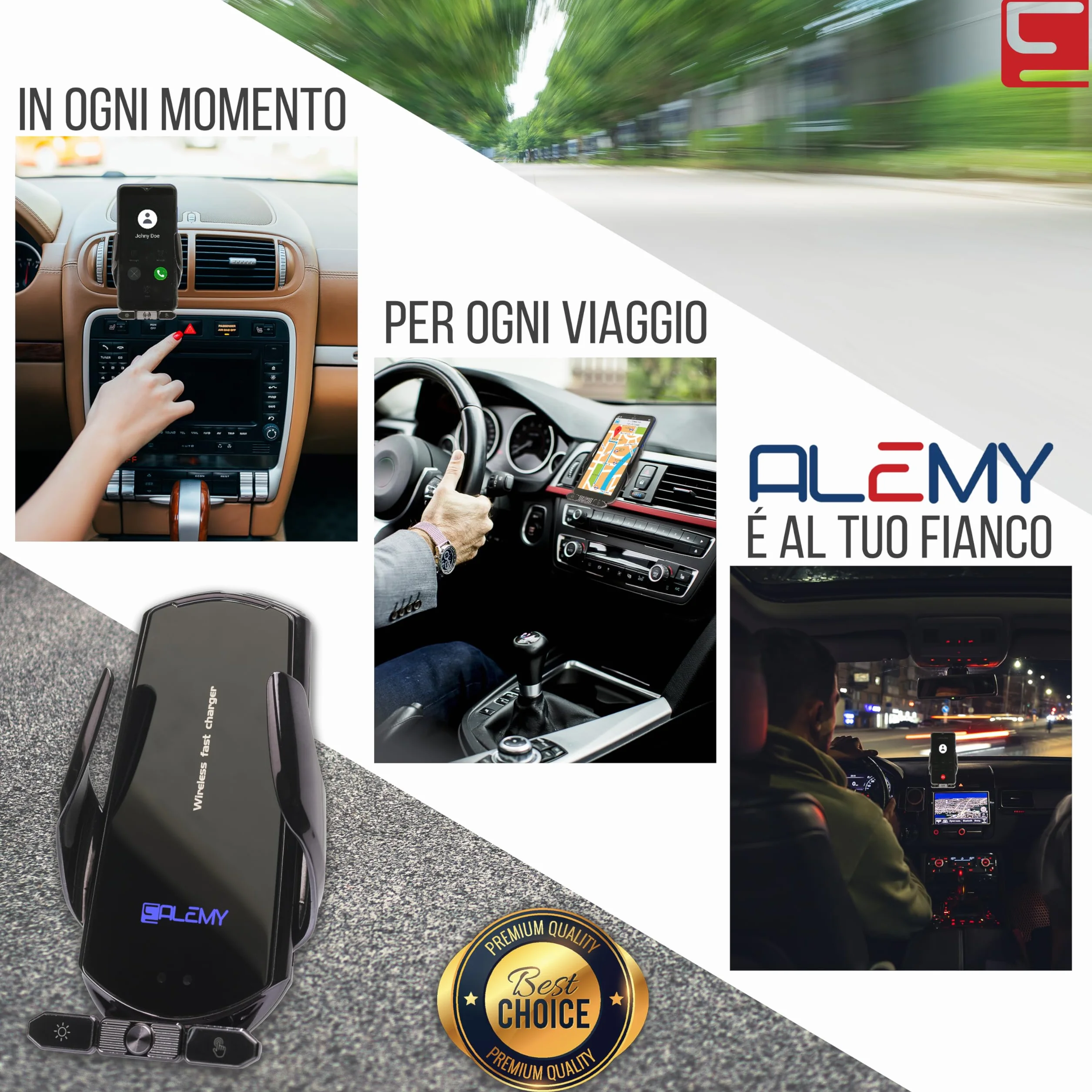 ALEMY DIGITAL Caricatore Wireless Auto, Porta Cellulare Auto, Supporto Telefono Per Auto Universale Con Ricarica e Auto Bloccaggio Con Rotazione Di 360°