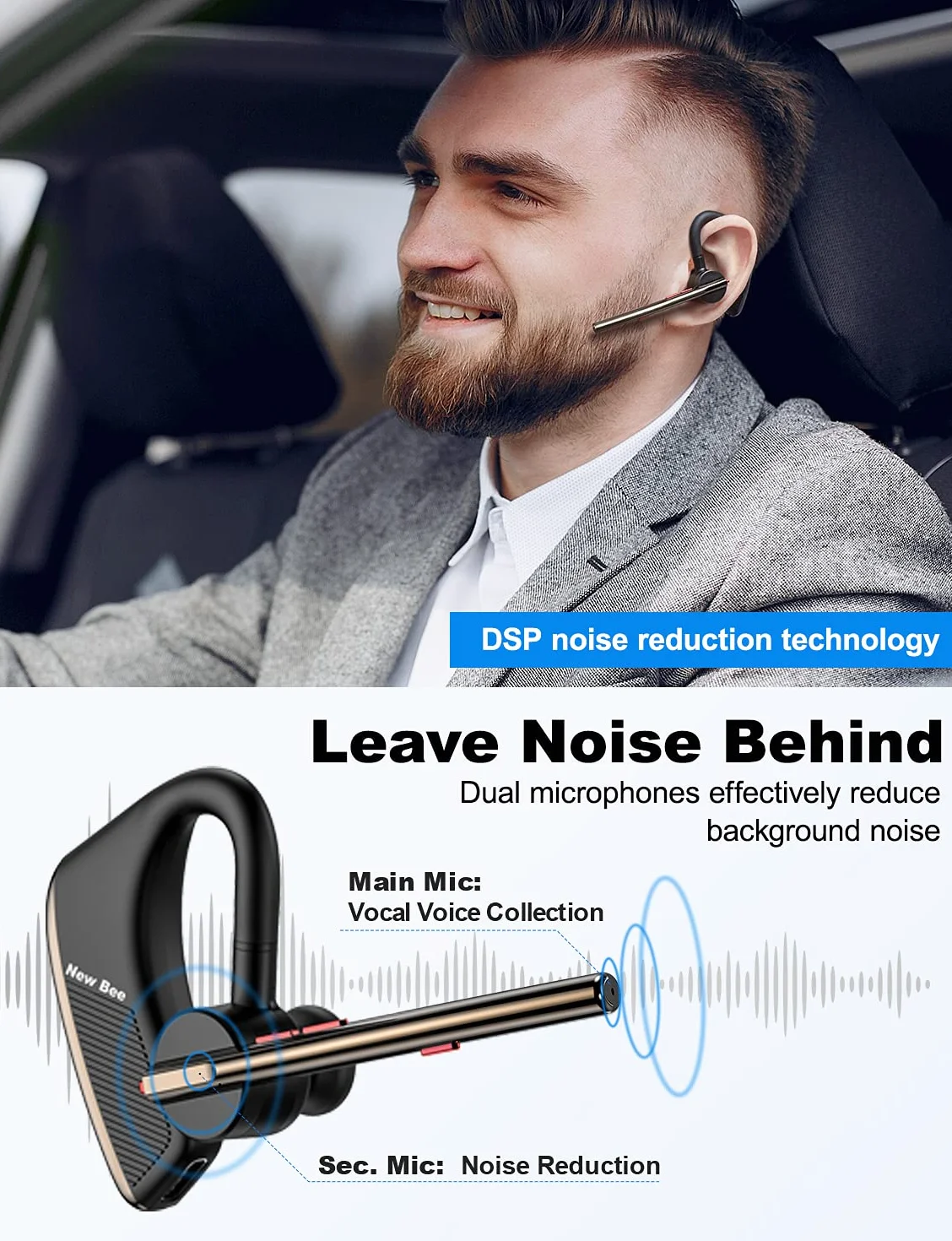 New Bee Nuovo auricolare Bluetooth ape Vivavoce Bluetooth V5.2 Orecchio singolo Auricolare leggero con 24h di conversazione per iPhone, Android e Laptop