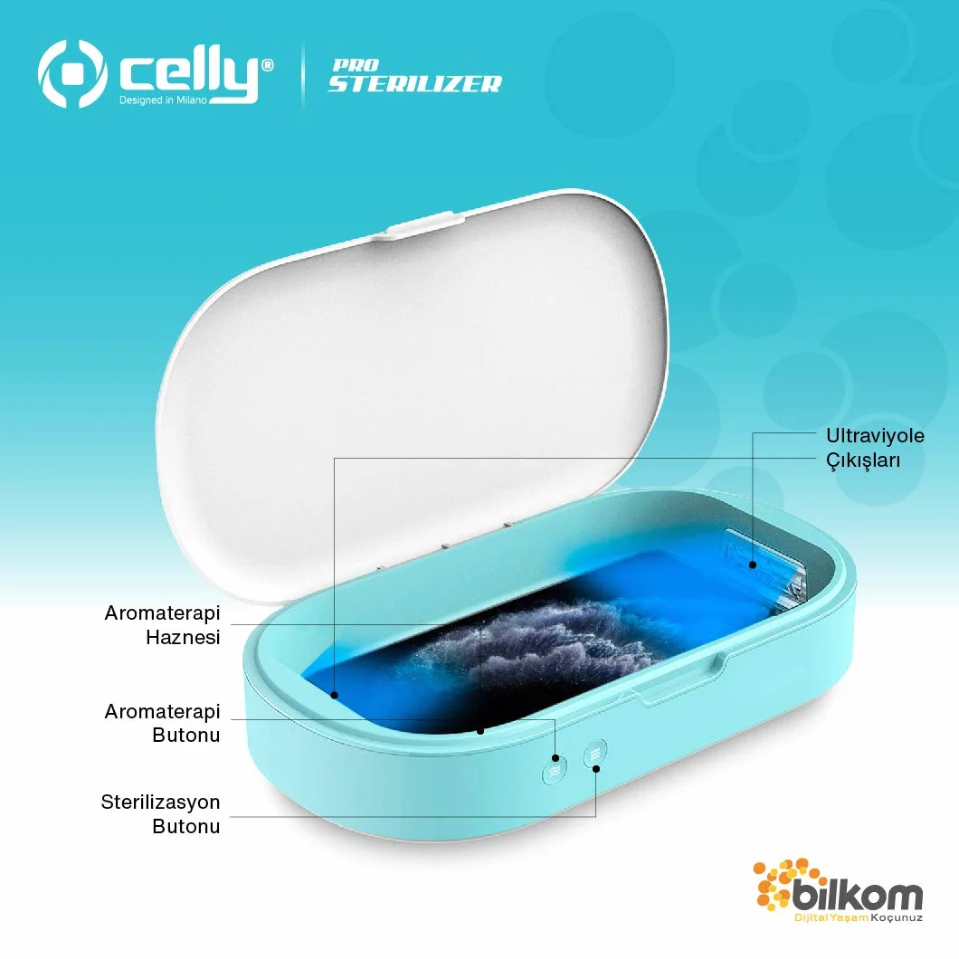 Celly Sterilizzatore UV Universale (certificazioni), Scatola disinfettante con Raggi UV-C e Funzione aromaterapia per Smartphone e Accessori, Orologi, Maschere, Guanti.