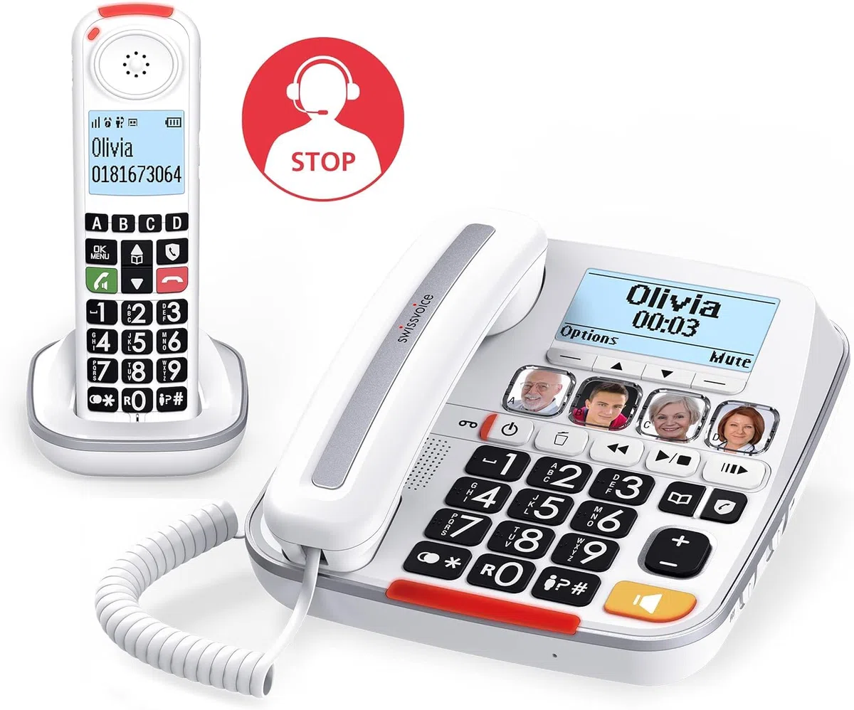 Swissvoice Telefono Combo per Anziani Cordless + Fisso Amplificato Suoneria Forte Volume Alto Vivavoce Tasti Grandi Parlanti Call Blocker Black List Blocco Chiamate Segreteria Apparecchi Acustici HAC