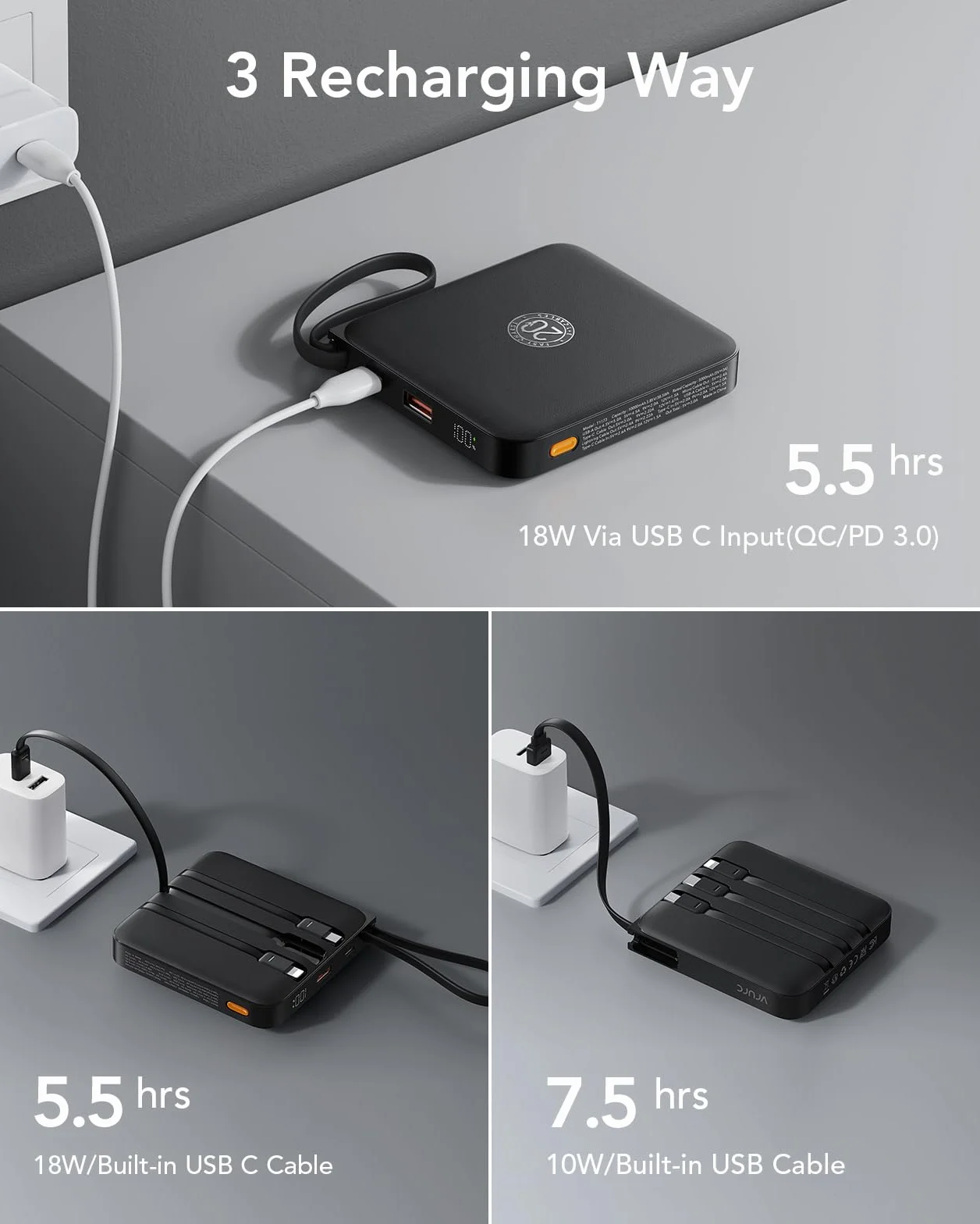 VRURC Power Bank 20000mAh, Power bank con Cavi Integrati, 22.5W Batteria USB C a Carica Rapida, Display LED per iPhone 15 14 iPad Samsung Galaxy S23 Google Android Phone - Nero