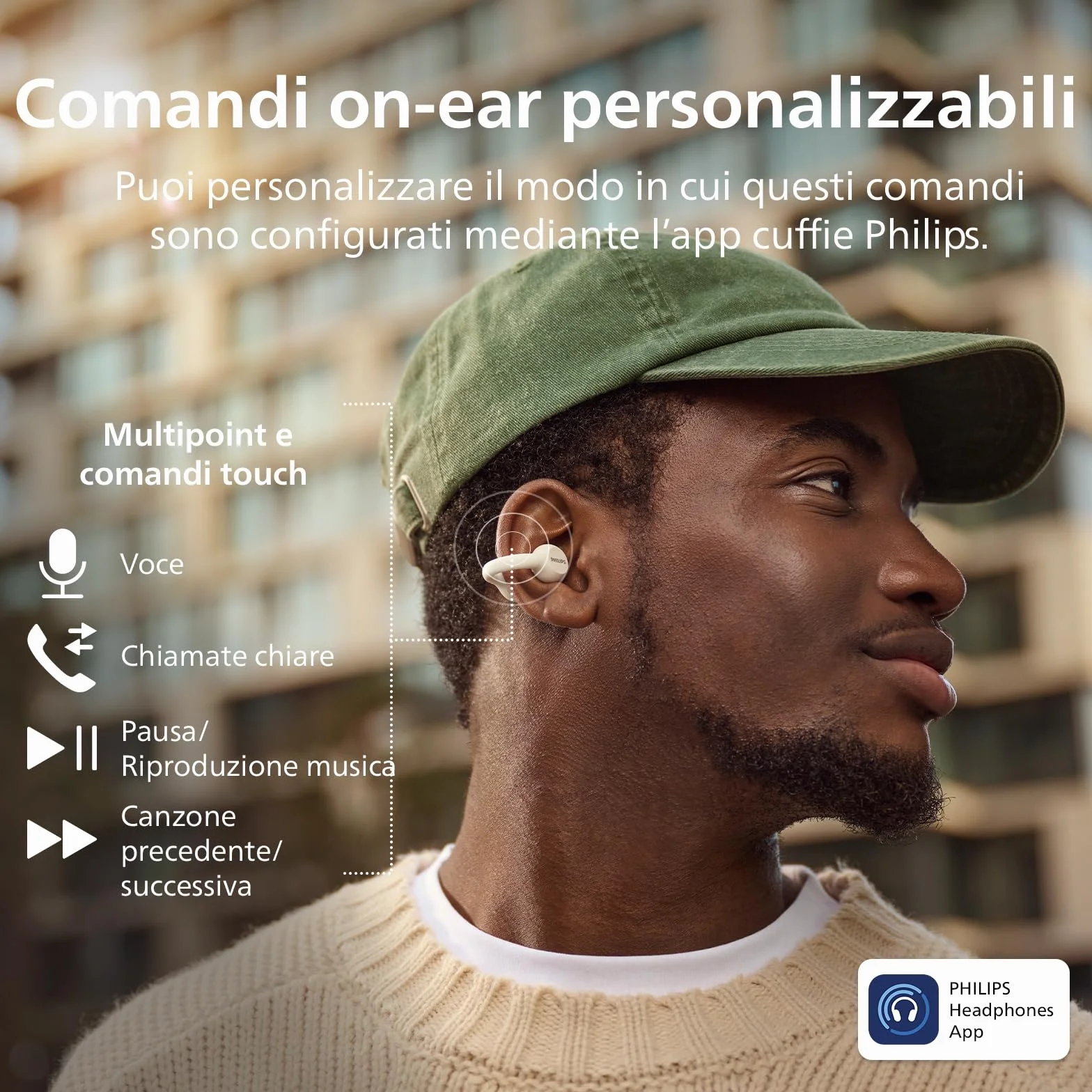 Philips TAQ2000WT auricolari ear-cuff True Wireless open-ear Multipoint Bluetooth - 28 ore di riproduzione, Ricarica tascabile, Chiamate chiare per spostamenti ed allenamento - Bianco
