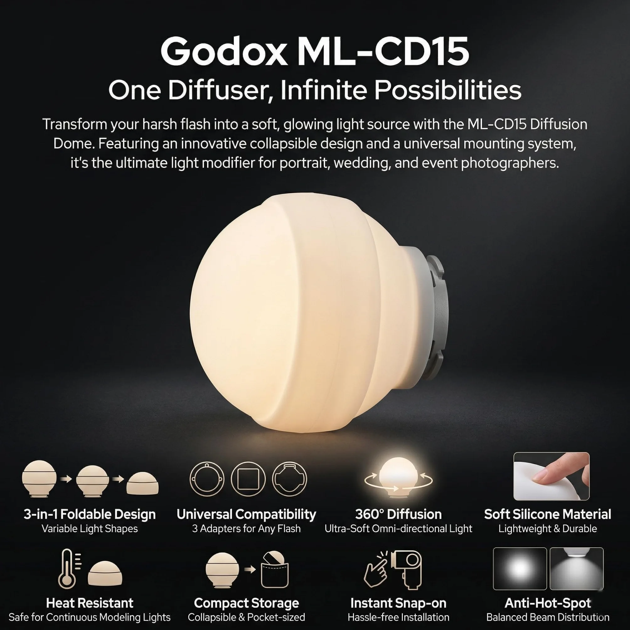 Godox ML-CD15 Soft Dome Diffuser Kit con 3 Adattatori, compatibile con Godox V100, V1 Pro, AD200Pro II, AD100Pro, AD300Pro, AD400Pro, V860III, ML30, ML30Bi, ML100Bi, ML100R, ML60Bi, ML60IIBi e altro
