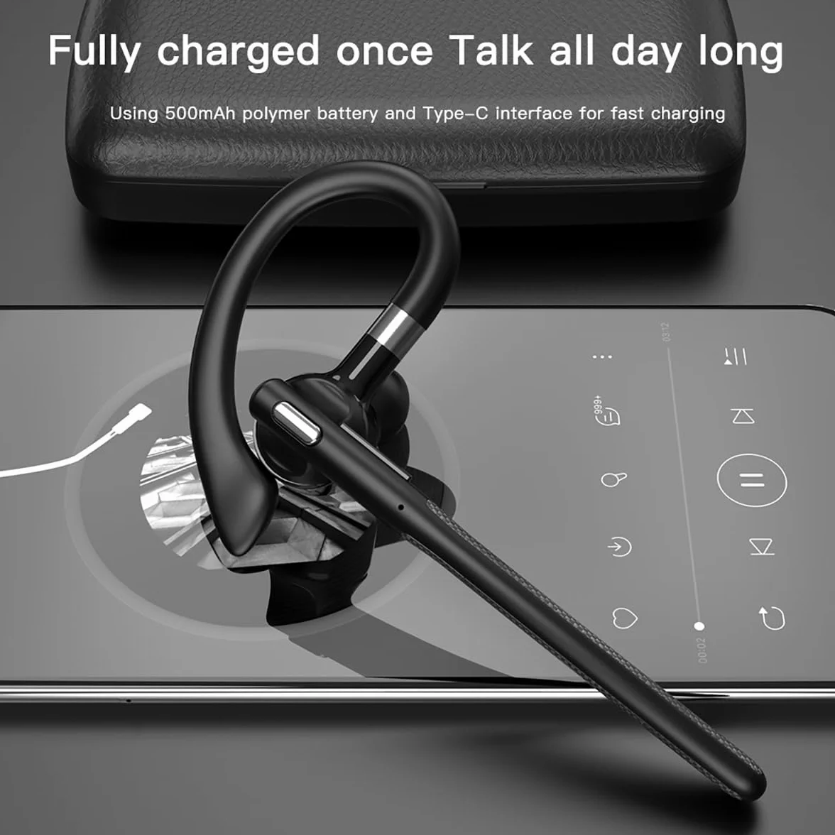 eppfun Auricolare Mono Bluetooth 5.4, Cuffia Mono Wireless con Cancellazione del Rumore Doppio Mic per Ufficio Lavoro Guida