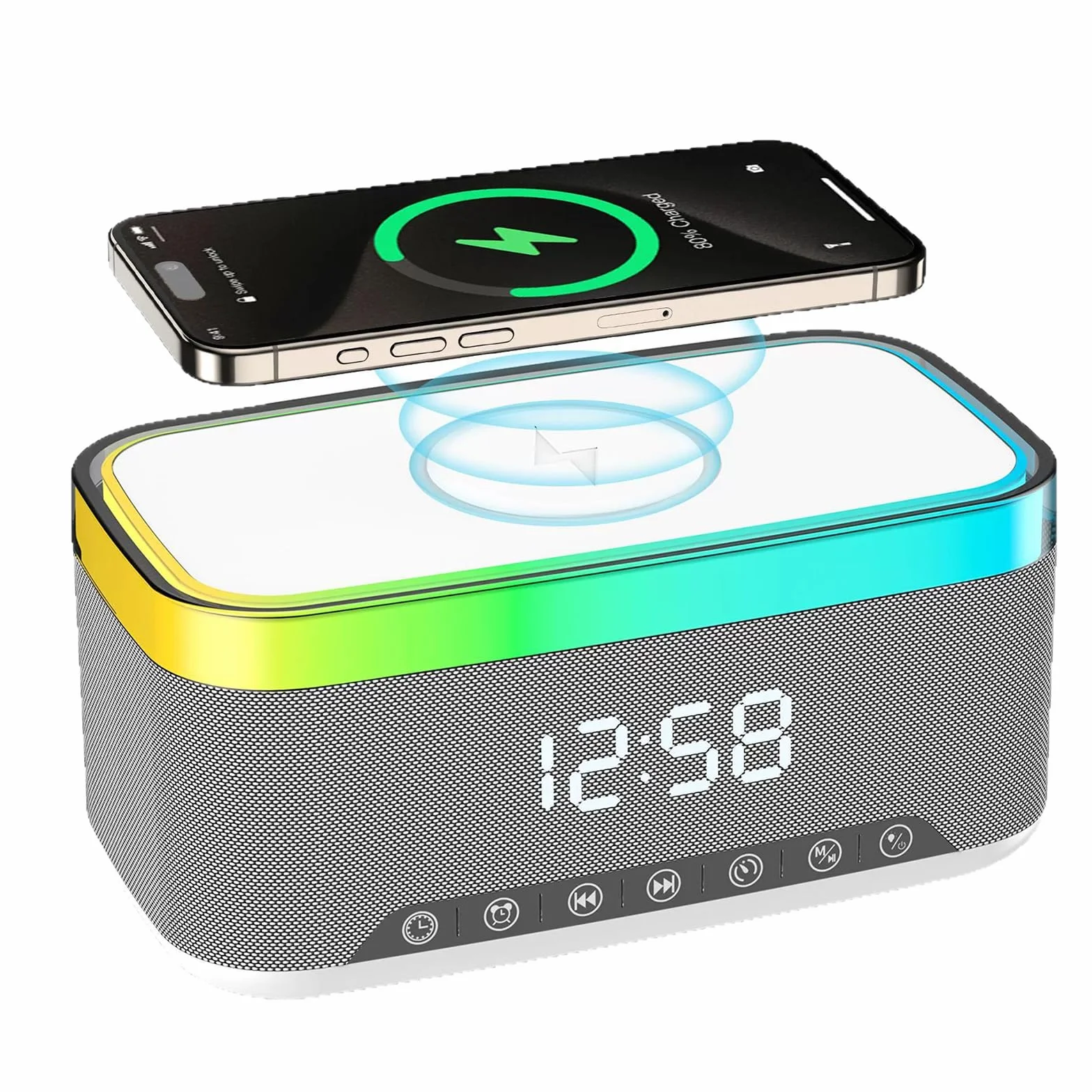 Sveglia digitale con stazione di ricarica e altoparlante Bluetooth, luce notturna da 15 W, caricabatterie wireless per iPhone Samsung
