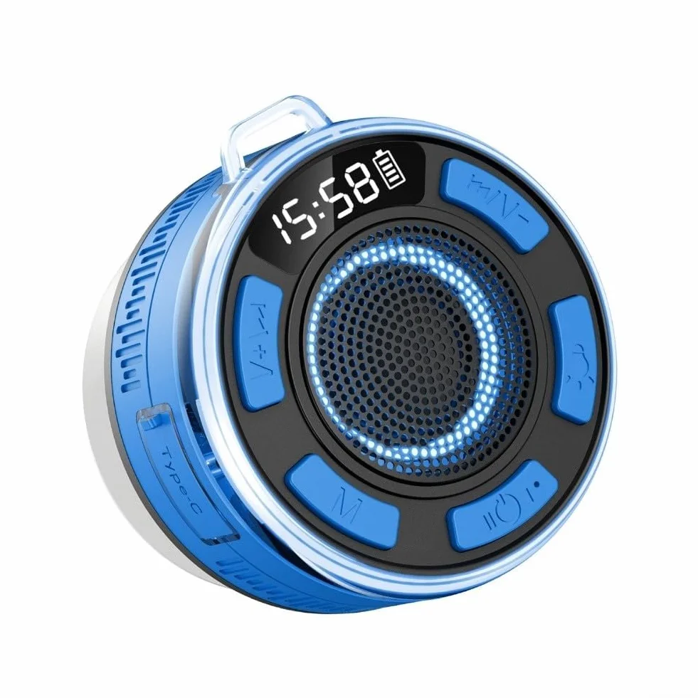 Altoparlante impermeabile IPX7 per doccia suono surround 360° luci RGB radio FM ventosa rimovibile nero