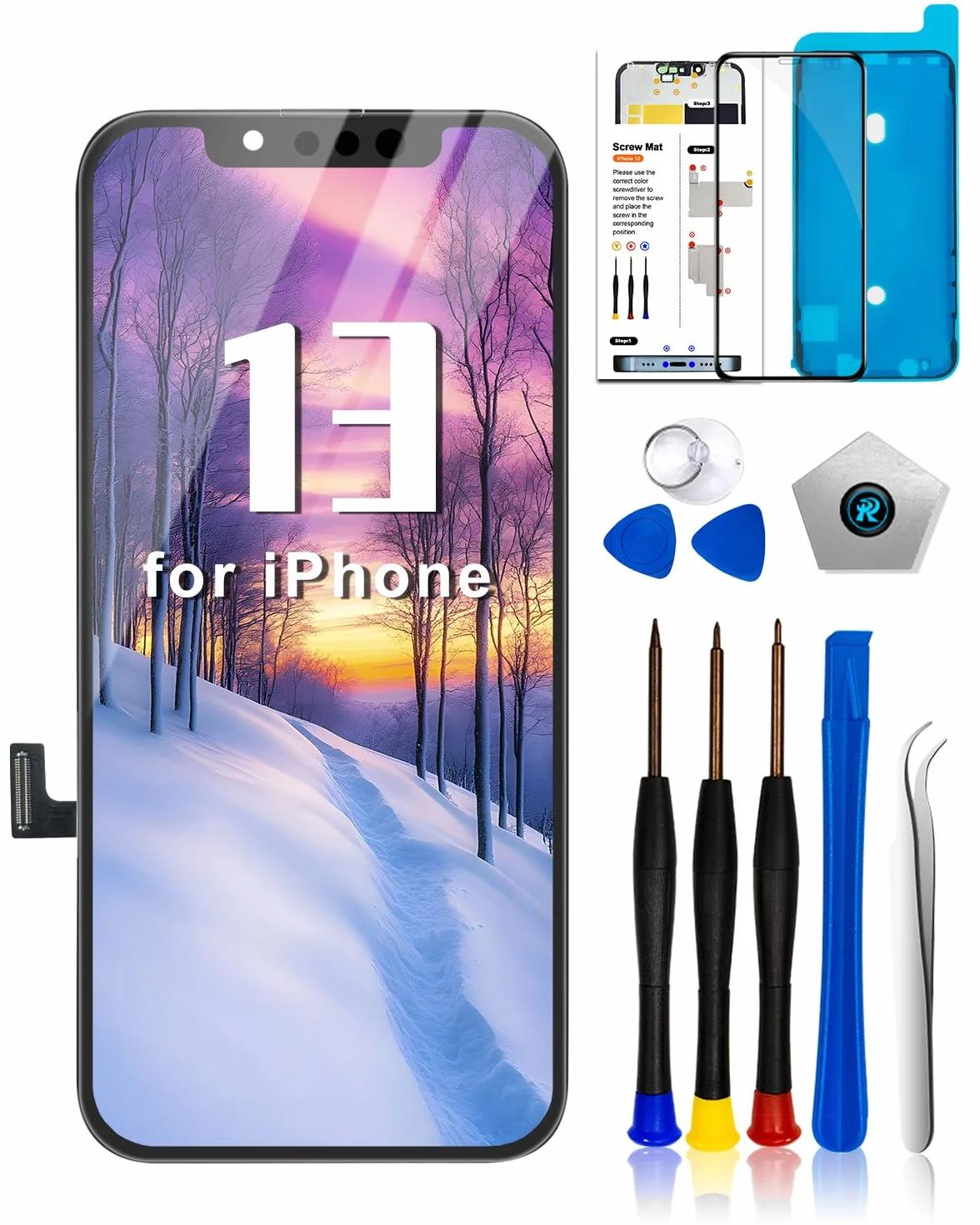 Dinow Display per iPhone 13 LCD Sostituzione Schermo 6.1" LCD di Ricambio Schermo per iPhone 13, Touch Screen per iPhone 13 con Kit di Riparazione, Compatibile con A2482/ A2631/ A2634/ A2635/ A2633