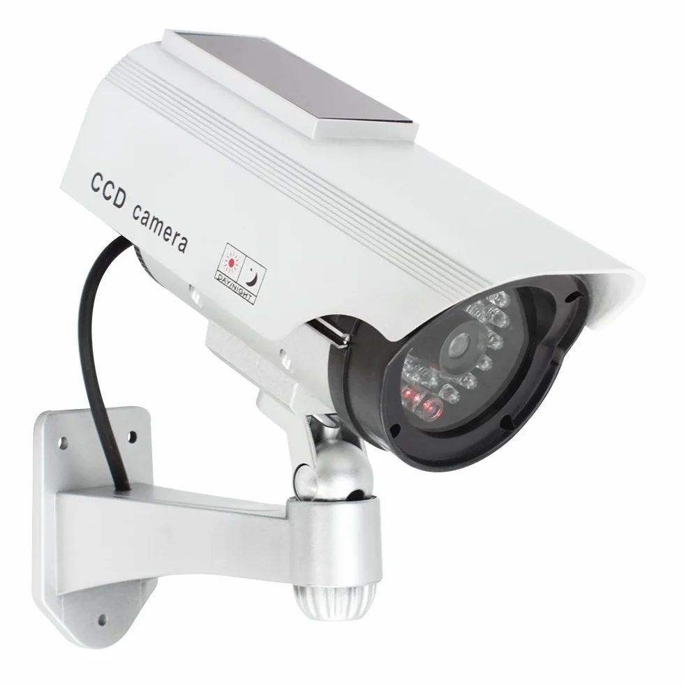 com-four® 2x Telecamera finta per esterno - telecamera fittizia con supporto a parete - telecamera di sicurezza solare con LED per la casa (02 pezzi)
