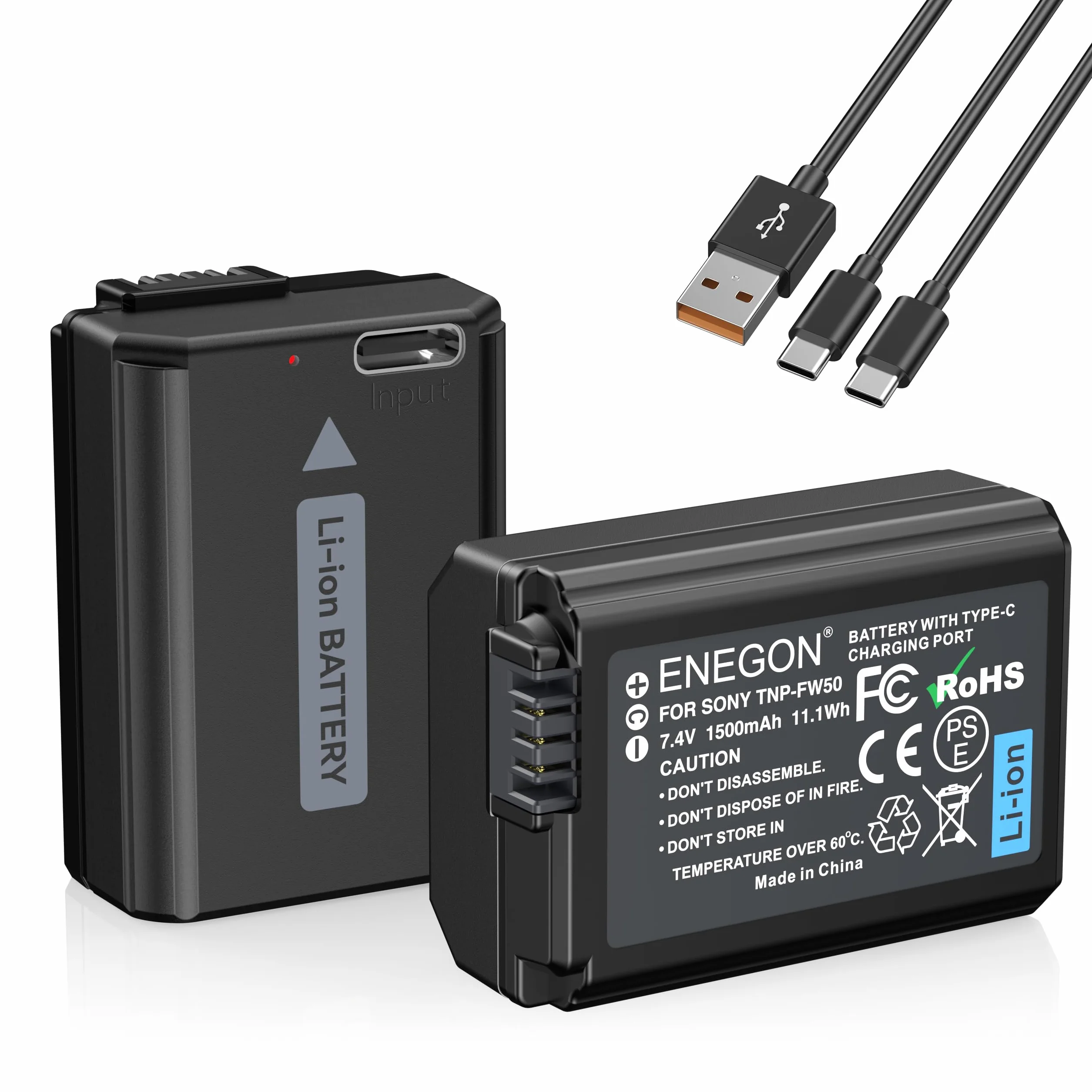 ENEGON NP-FW50 Batteria di ricambio USB-C a carica diretta 1500 mAh,compatibile con Sony ZV-E10 NEX 3/5/7 e SLT-A, Sony A7, A7SII, A7R, A7RII, A3000, A6000, A6500, A6300, A55, A51