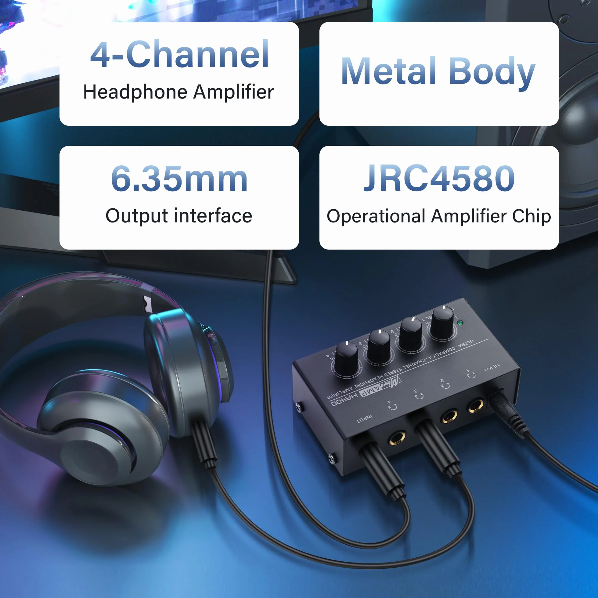 SinLoon HA400 Amplificatore per Cuffie Stereo a 4 canali, Mini Splitter Audio in Metallo con Controllo del Volume Indipendente, Uscita e Ingresso TRS da 1/4", con Adattatore 12V per Studio,