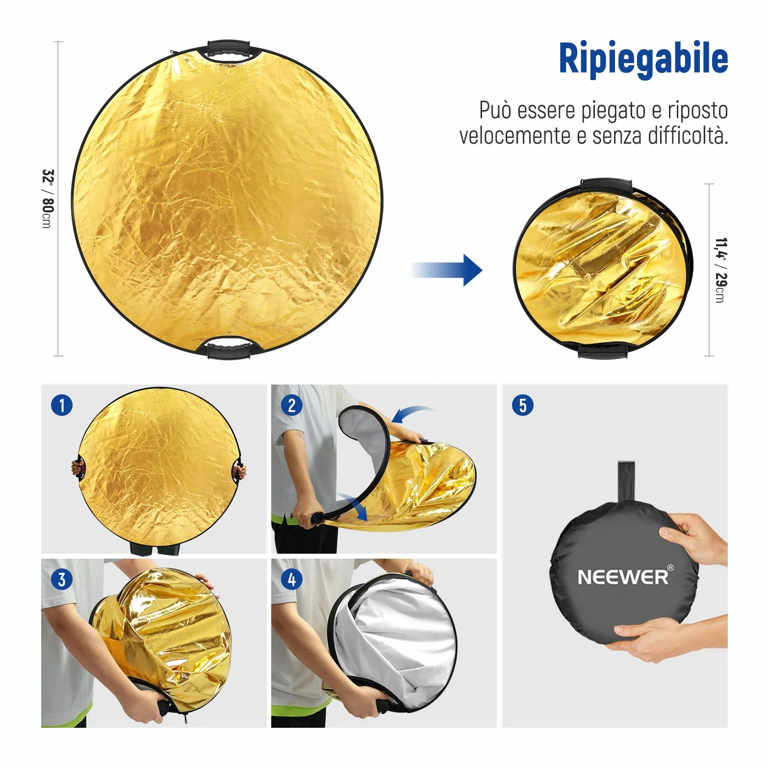NEEWER Riflettore di 32"/80cm, Maniglia con Filetto da 3/8", Disco Ripiegabile 5 in 1 Diffusore Trasparente/Argento/Oro/Bianco/Nero per Illuminazione Fotografica, Illuminazione Esterna, RF-80II