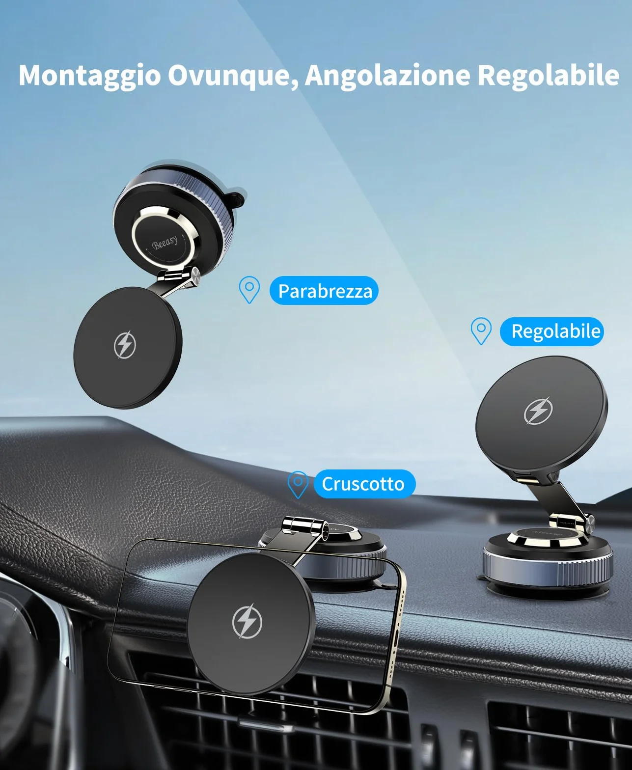 Beeasy per MagSafe Porta Cellulare Auto 15W, Caricatore Wireless Auto Regolabile a 360° [Ventosa Super Potente & Magnete N56], Magnetico Supporto Telefono Auto per iPhone 17 16 15 14 13 12